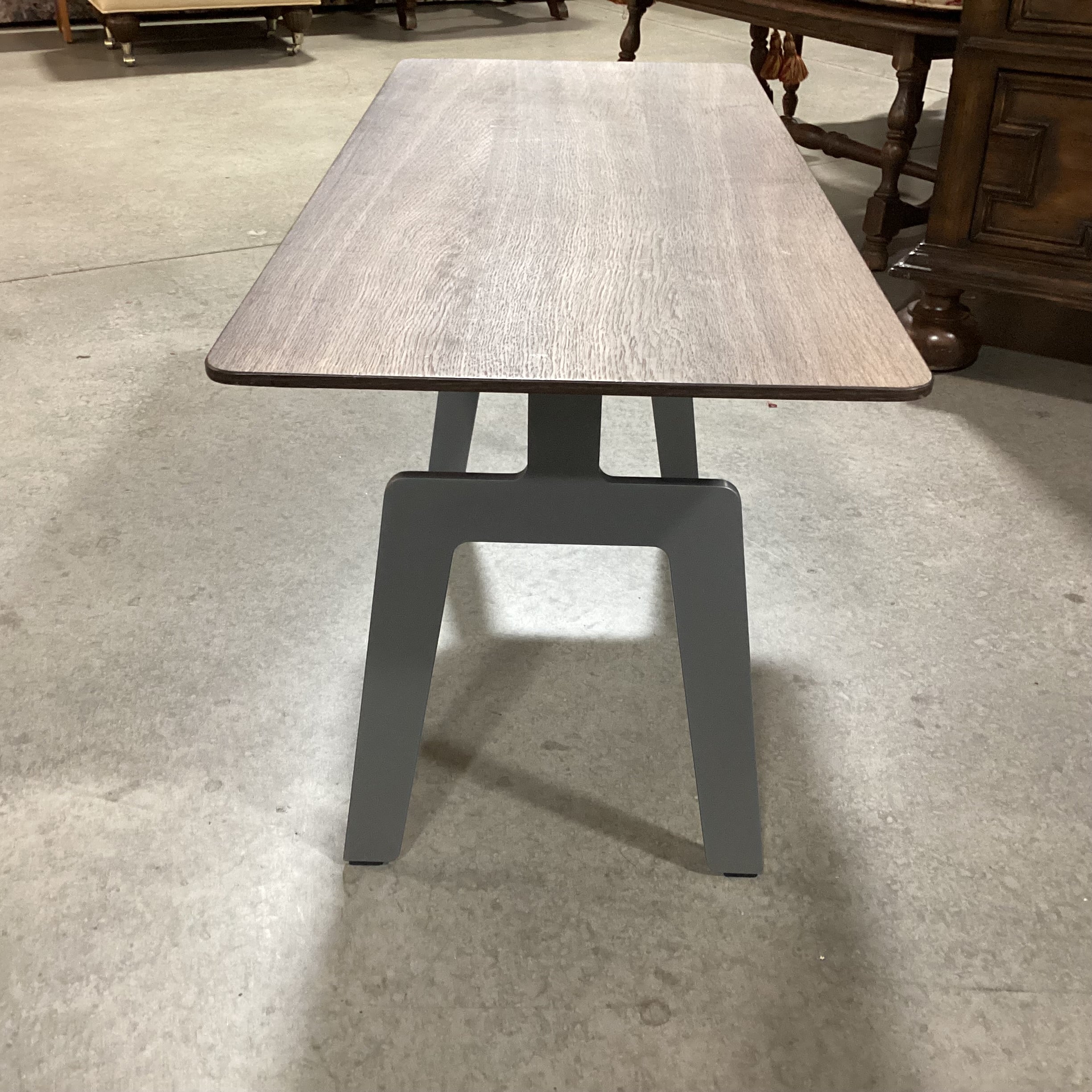 Poliform Italian Modern Walnut Veneer & Grey Steel Trestle Base Coffee Table 34.5"x 14.5"x 18"