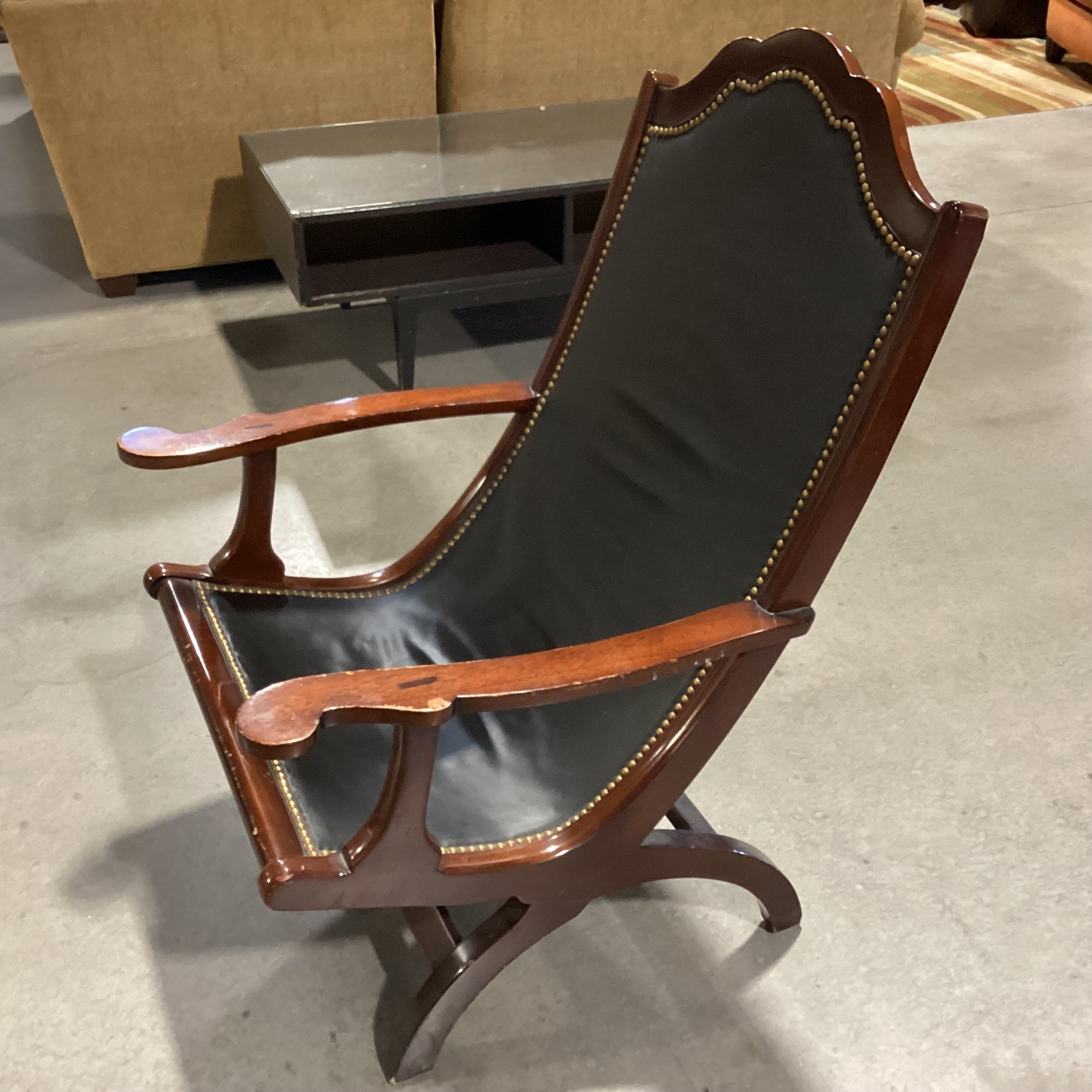 Black Leather Nailhead & Carved Wood Plantation Style Chair 27"x 30"x 40"