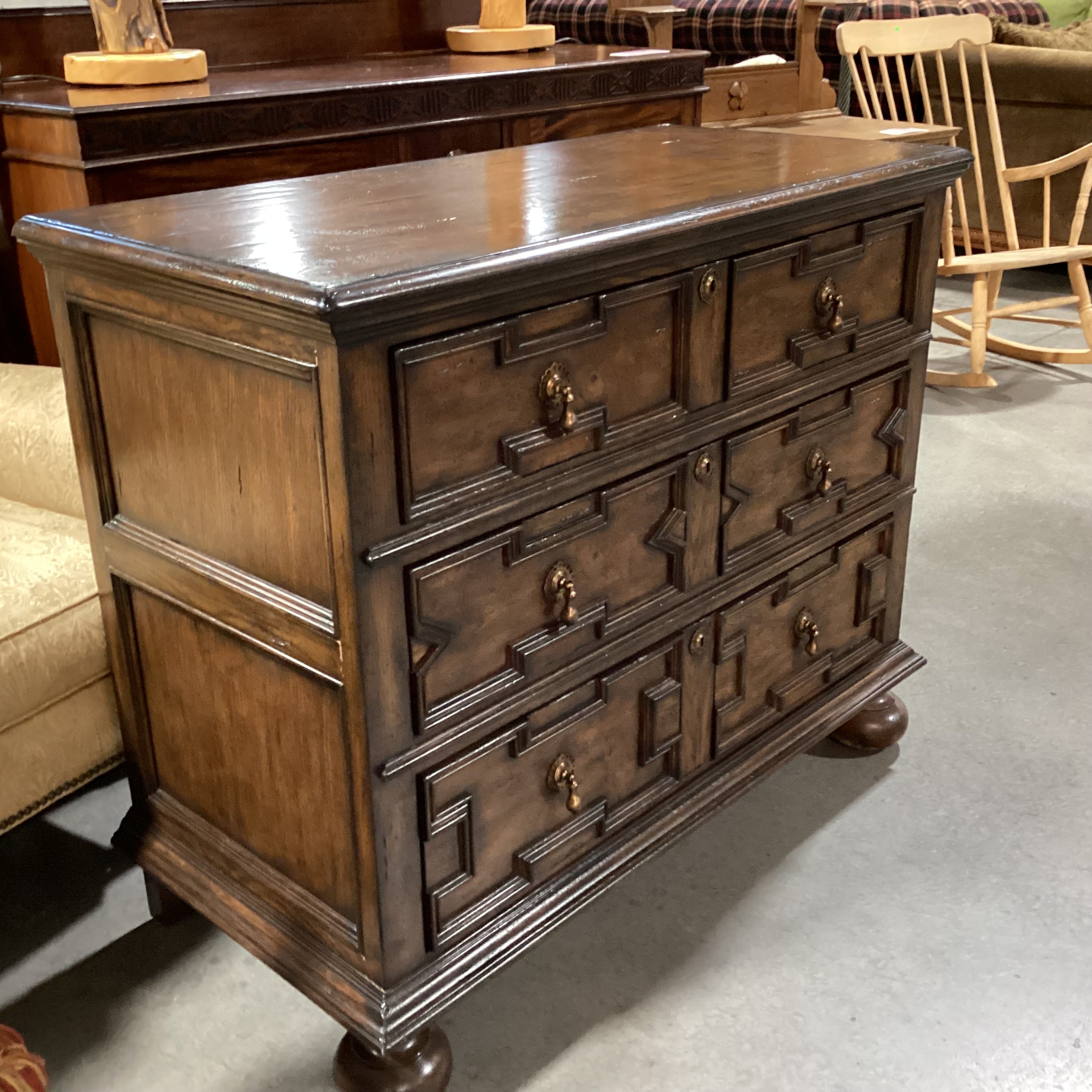 Dark Finish Solid Wood Carved Molding & Ball Feet Detail Brass Teardrop Pulls Keyhole Accent 3 Drawer Chest 43"x 20.5"x 36"