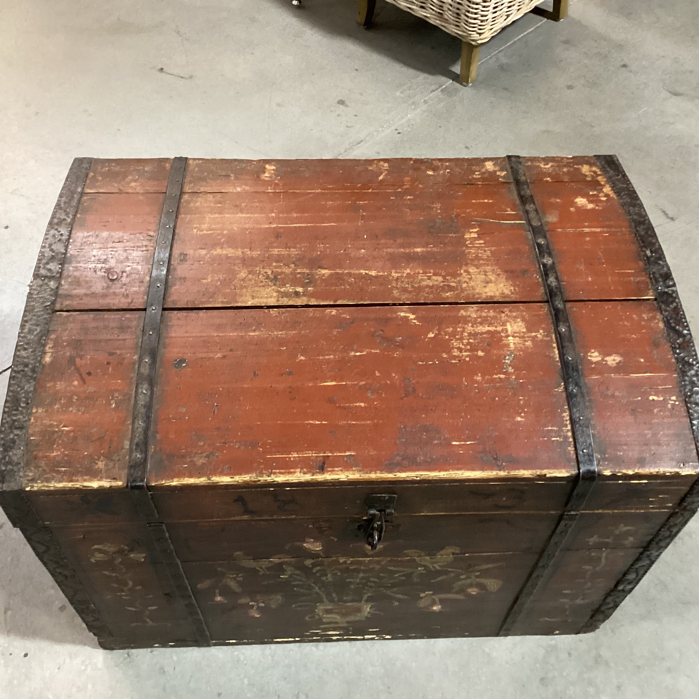 Antique 1873 Red with Floral Hand Painted Wood & Iron Trunk 34"x 24"x 25"