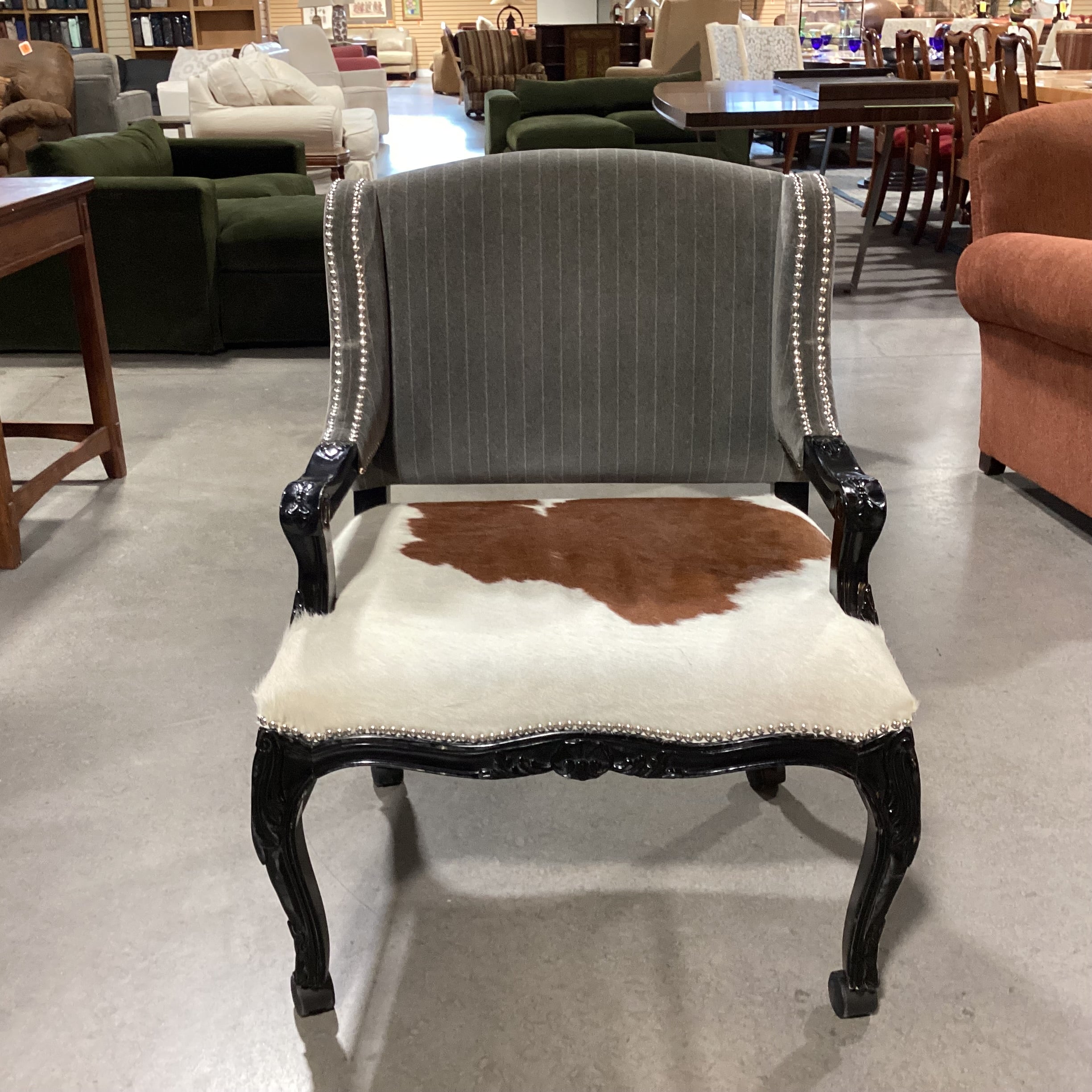 Carved Wood Cowhide & Grey Velvet Nailhead on Casters Chair 28"x 25"x 37"