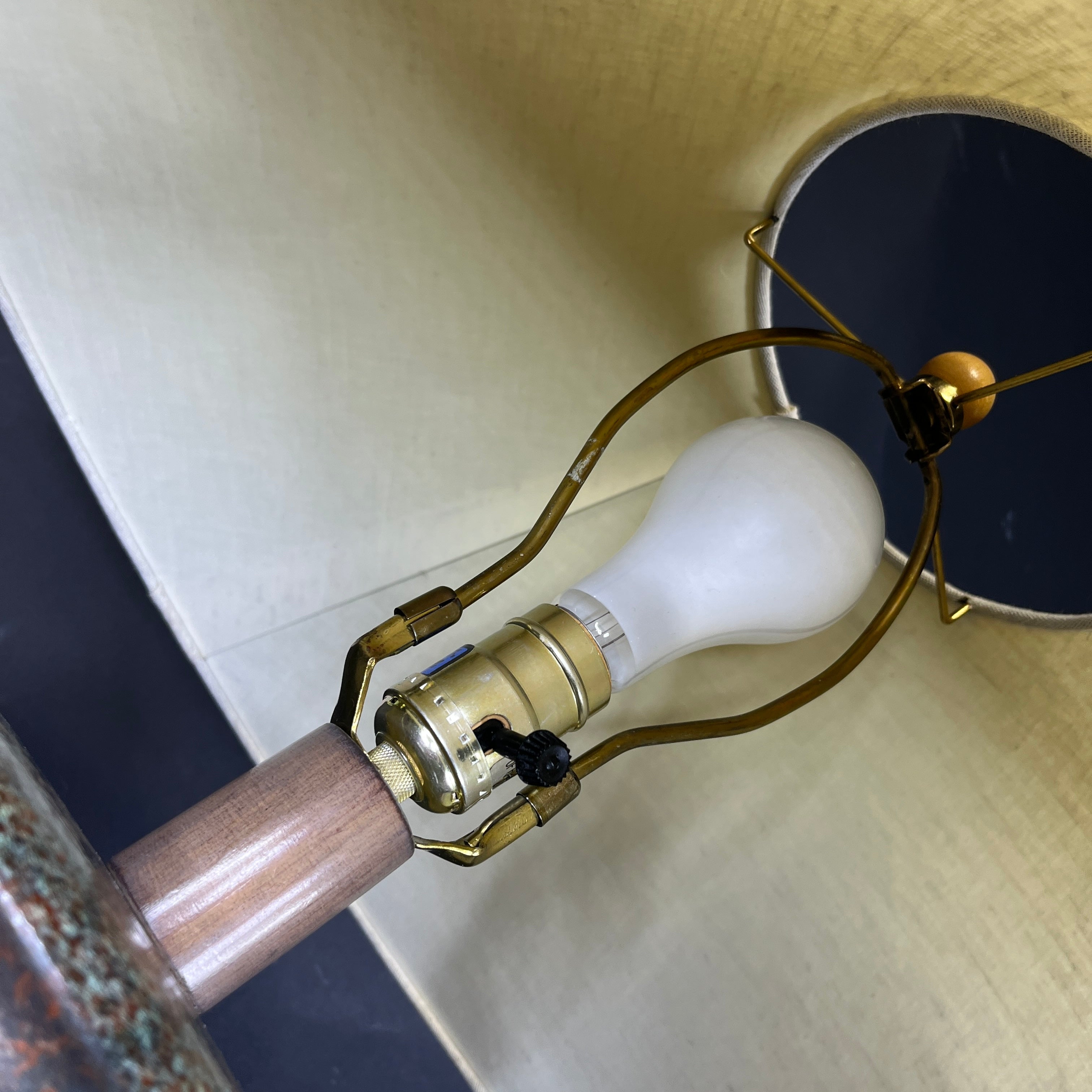 Casual Lamps Green and Rust Textured Metal Vase with Shade Table Lamp 24.5” Diameter @ Shade x 35”