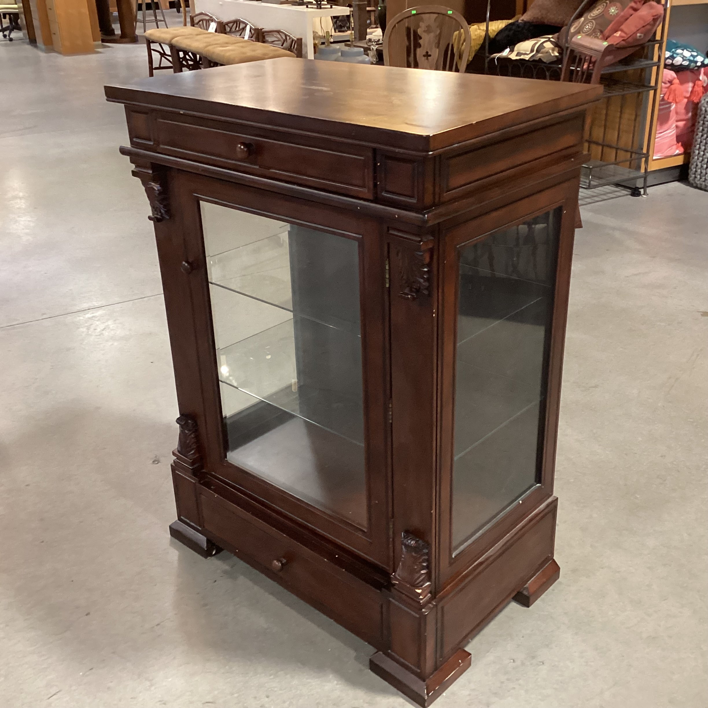 Dark Finish Carved & Glass 2 Drawer & Shelves Display Cabinet Bookcase