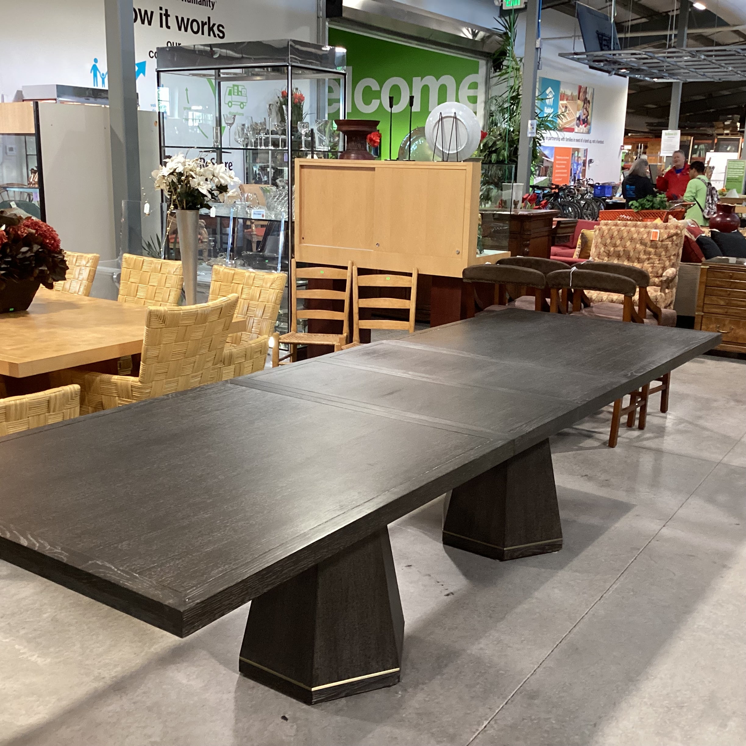 Mitchell Gold & Bob Williams Modern Cerused Charcoal Finish Oak Geometrical Pedestals with Brass Emerson Dining Table 96" to 132"x 42"x 30.5"
