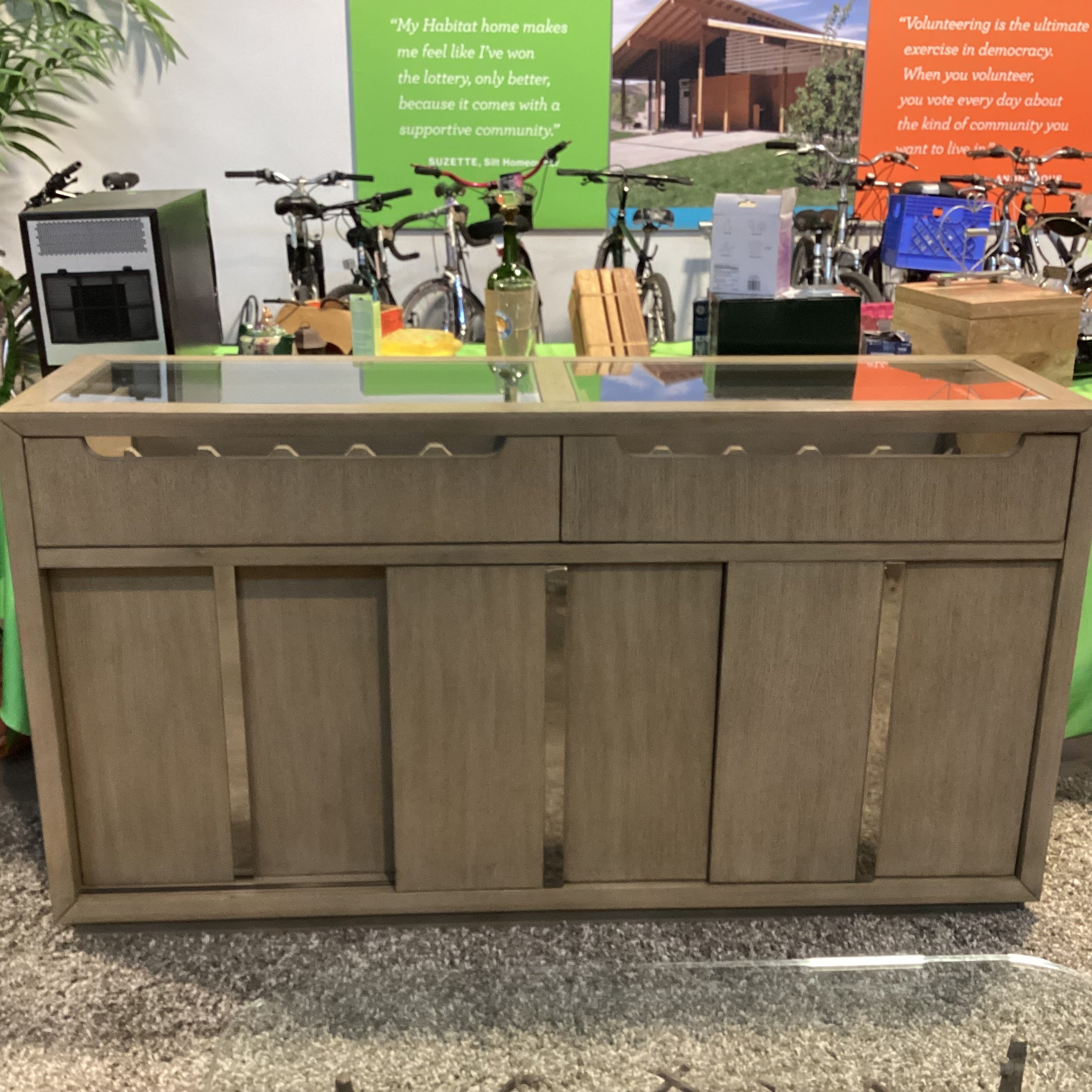 Klaussner Olive Grey Tone Finish Sliding Doors & 2 Wine Drawers with Glass Top Server Sideboard 65"x 18"x 36"
