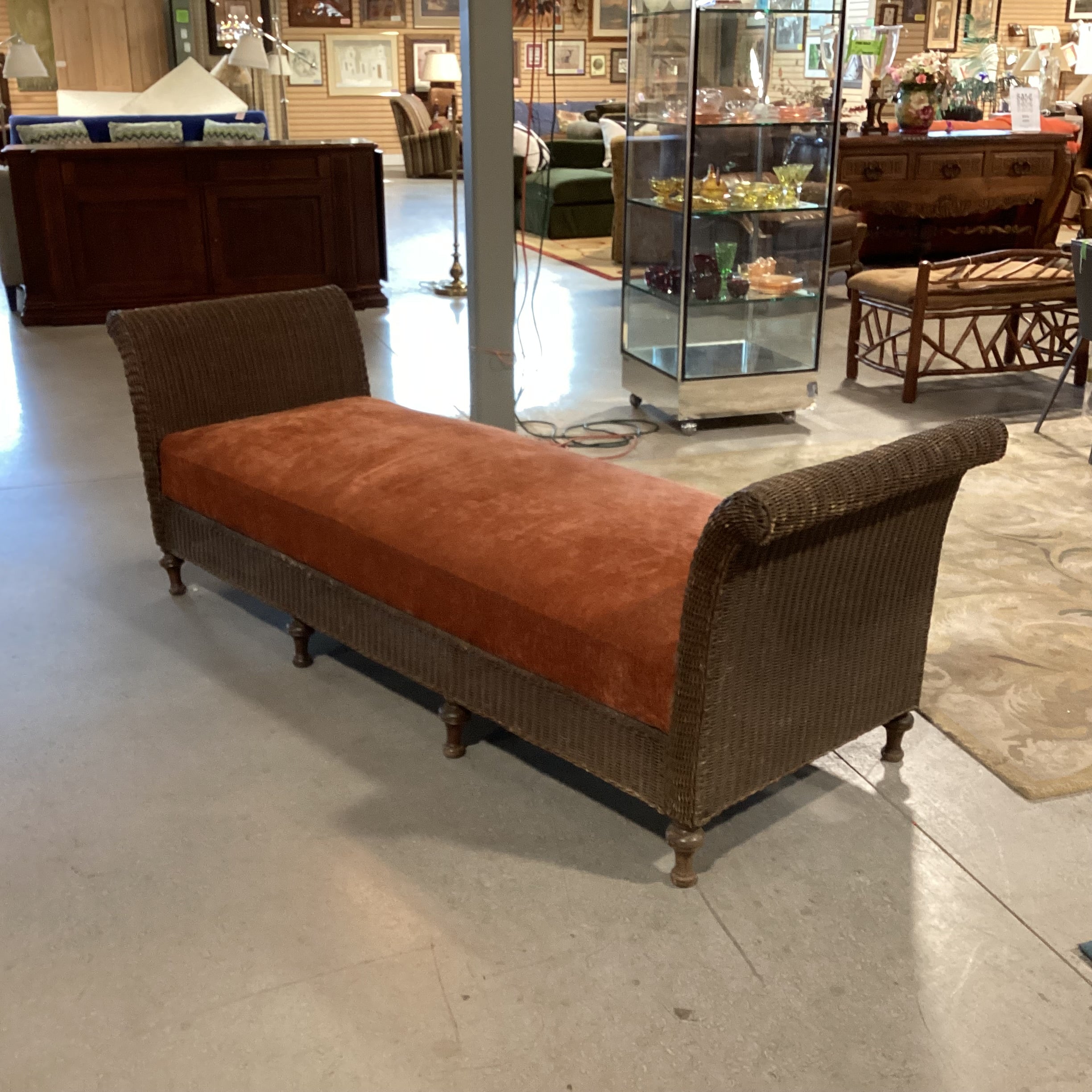 Vintage Antique Wicker & Rust Chenille Woven Bench 90"x 30"x 30"