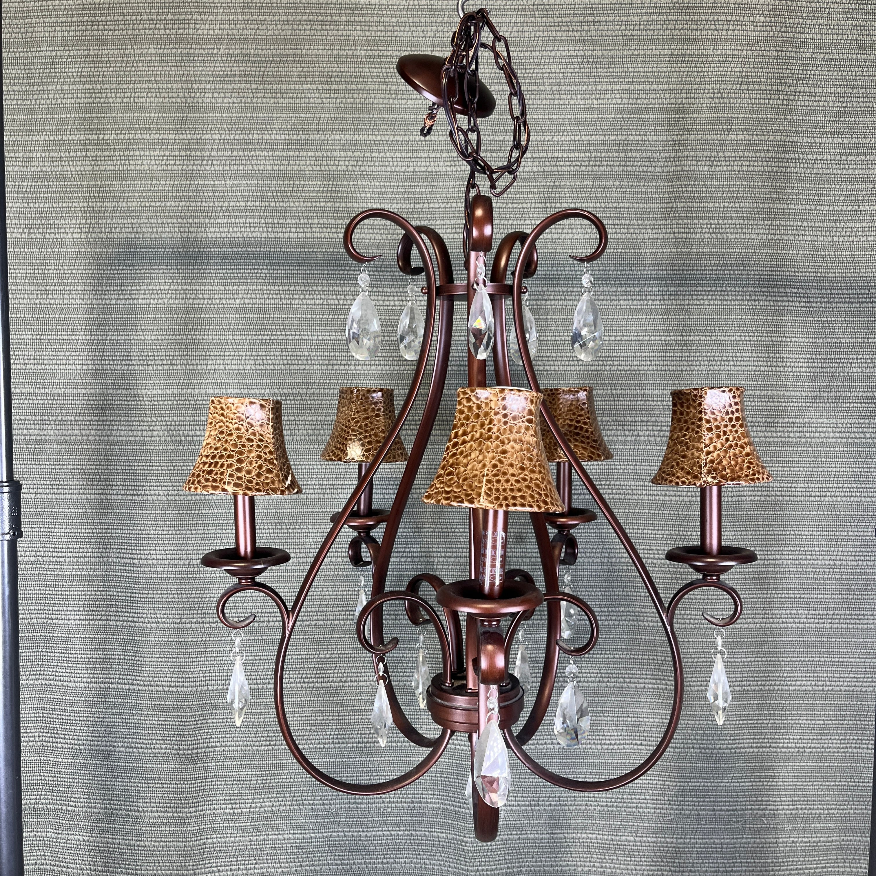 Traditional 5-Light Bronze Metal with Crystal Detailing and Animal Print Shades Chandelier 24” Diameter x 28” - 58”