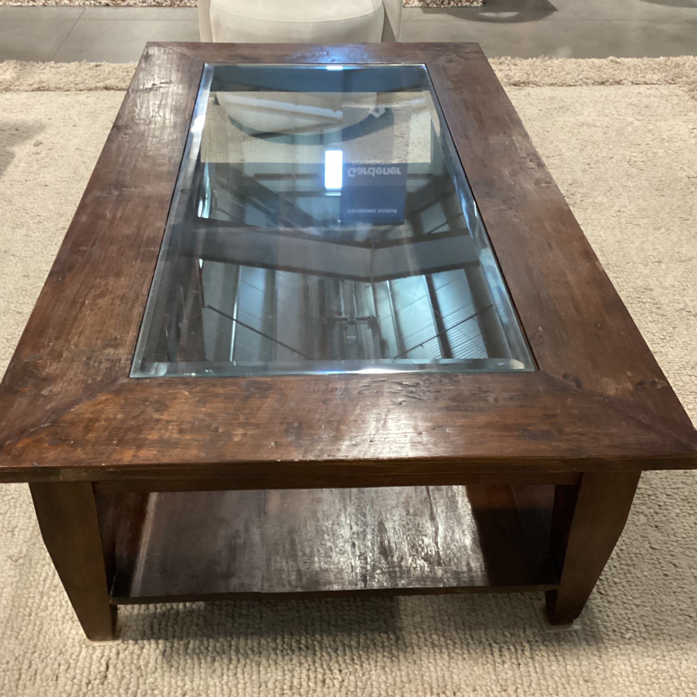 Dark Distressed Solid Wood with Glass Inset Top Coffee Table 63"x 35"x 18"