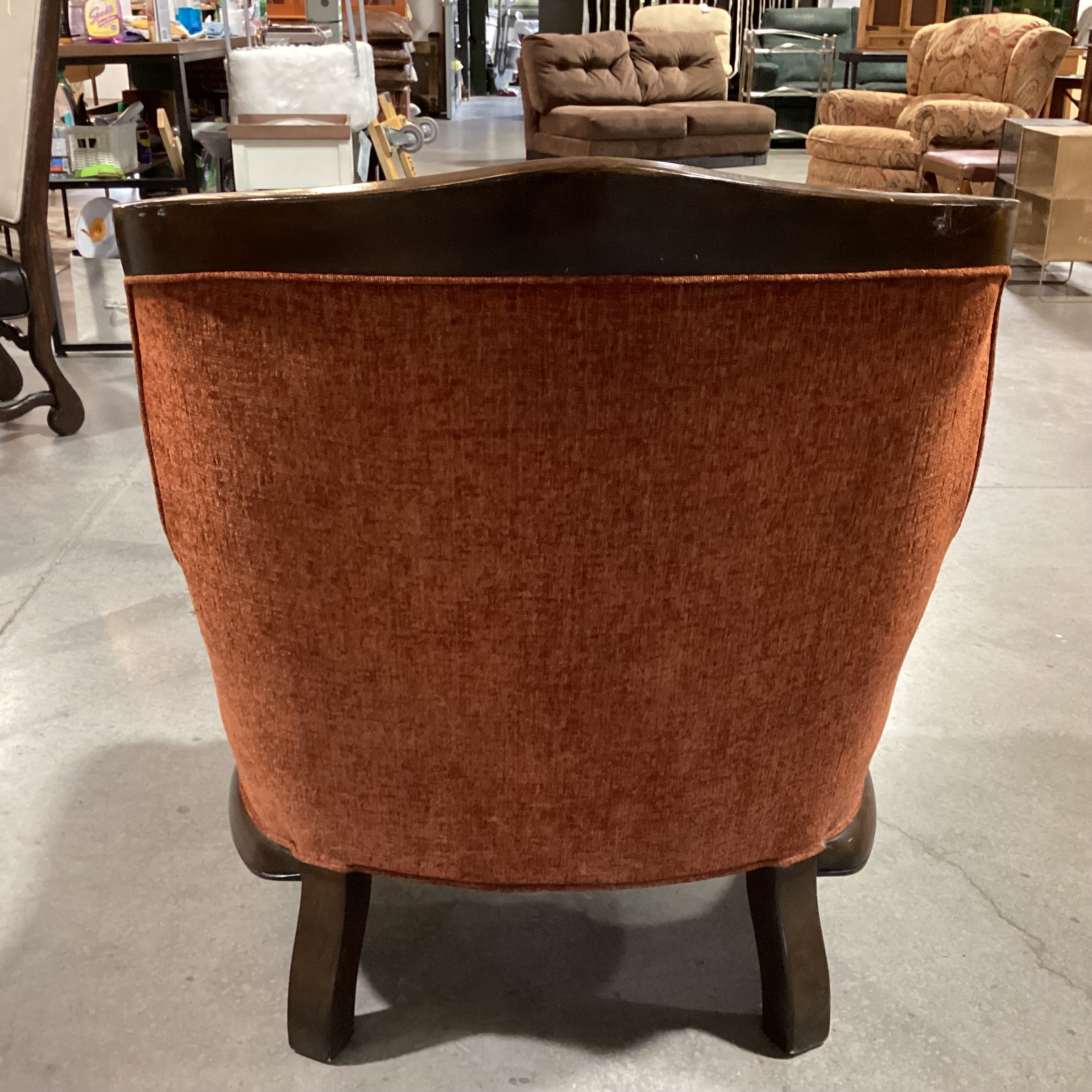 Vintage Carved Wood & Ornate Brown Burnt Orange Gold Upholstery with Raised Velvet Back Chair 29"x 31"x 38.5"