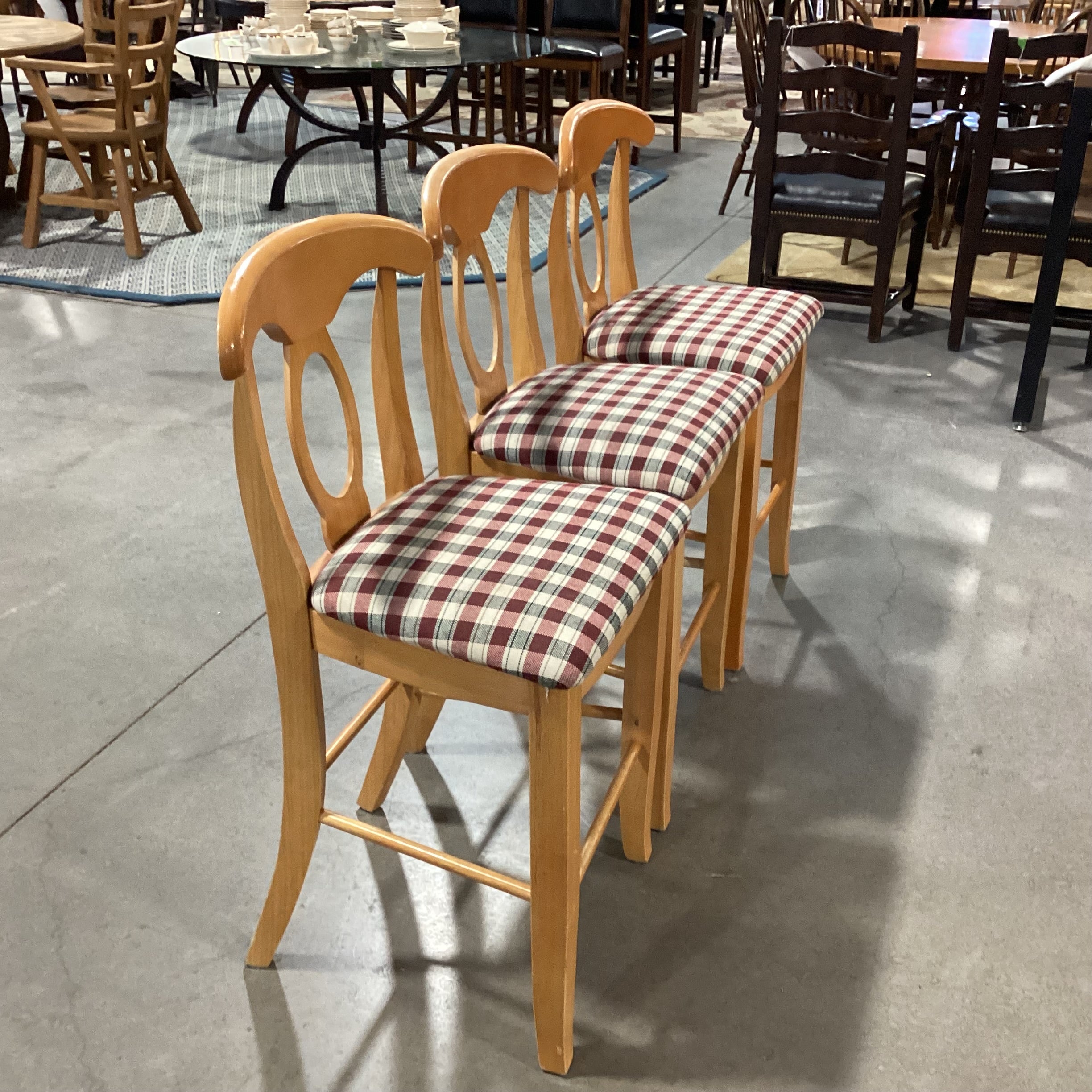 SET of 3 Pottery Barn Pine Napoleon Keyhole Back & Plaid Seat Barstools 25"