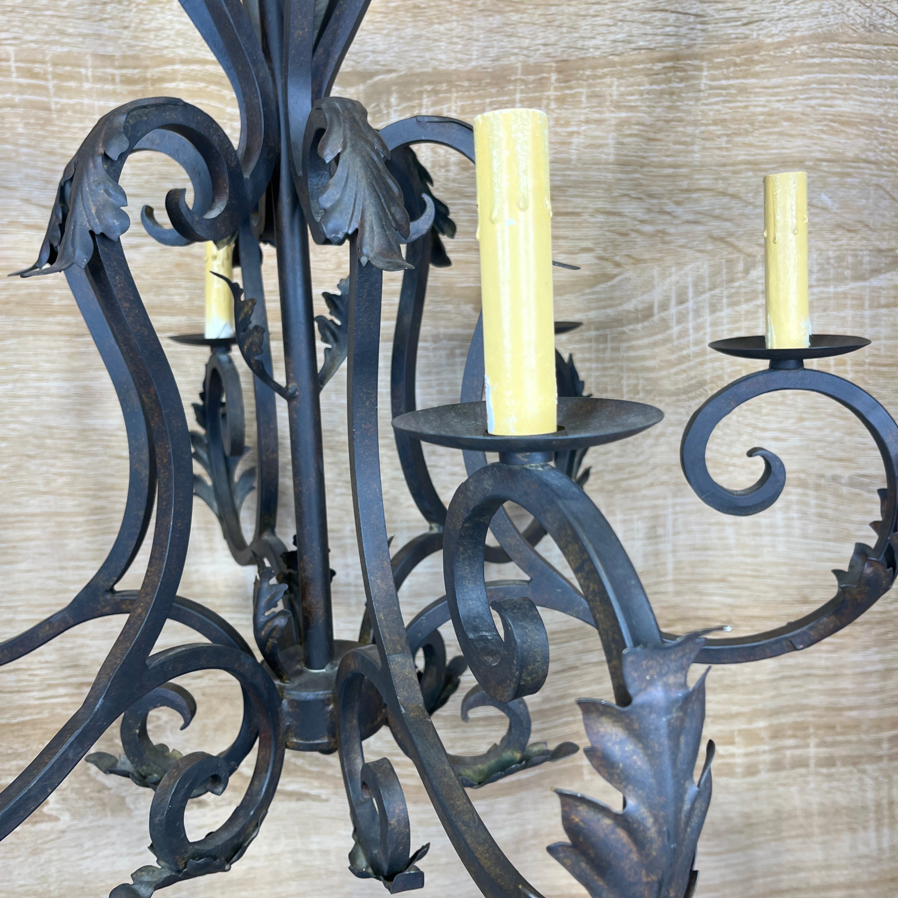 French Country Style 6-Light Bronze Iron Candelabra Chandelier 28" Diameter x 30" - 38"