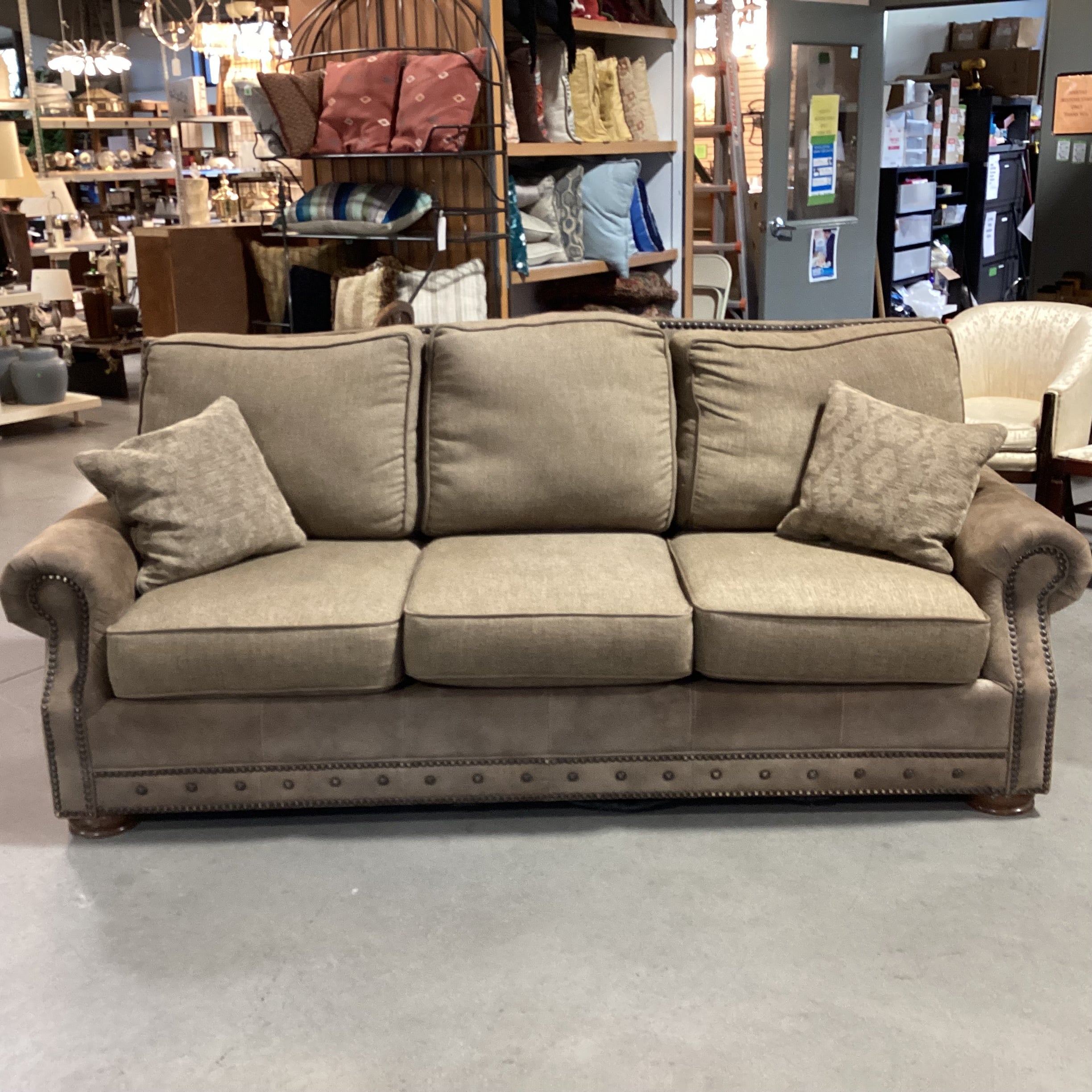 Mayo Furniture Brown Ultra Suede  Nailhead & Upholstery Sofa