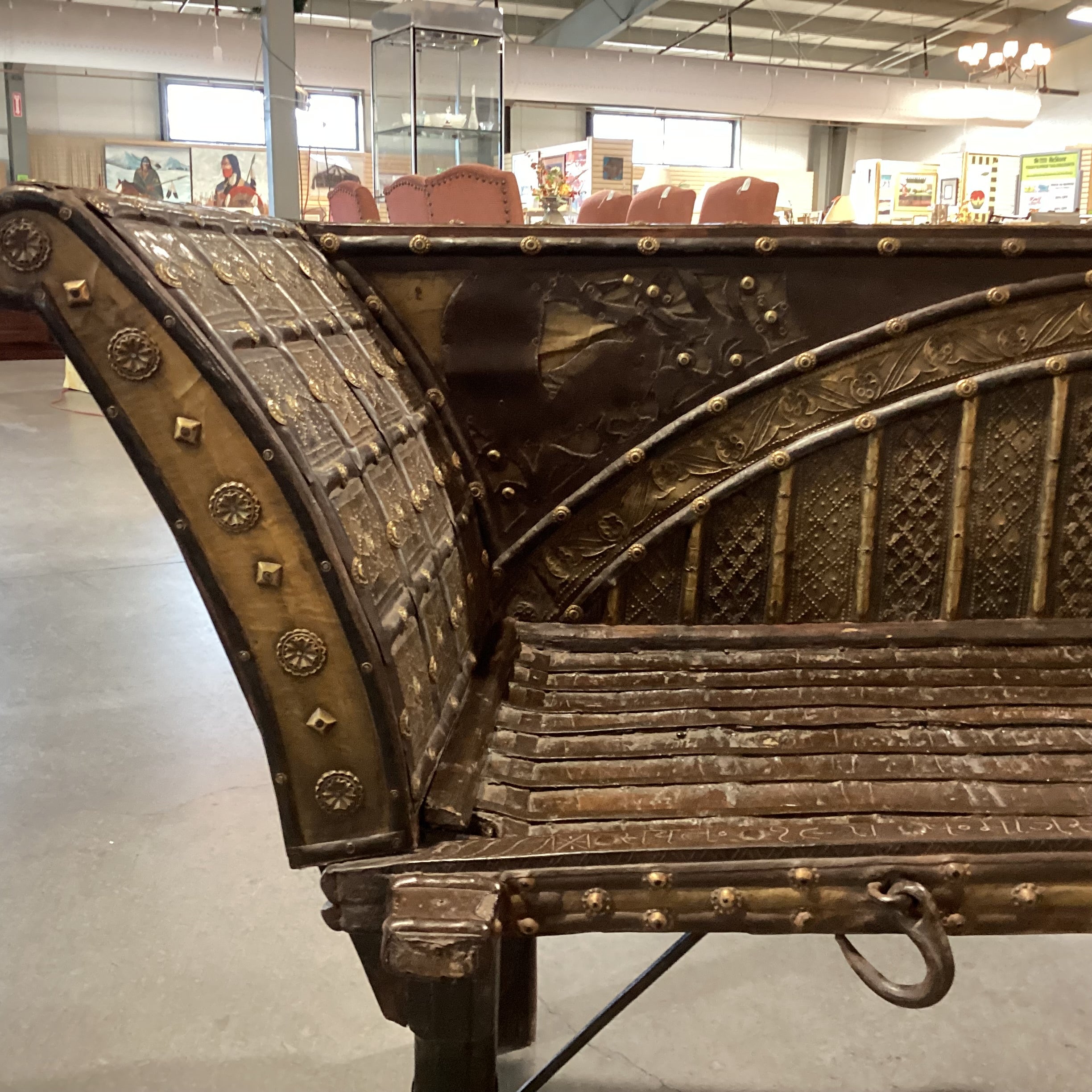 Antique Mogul or Bullock  OX Cart Wood Iron & Brass Bench 92"x 26"x 32"