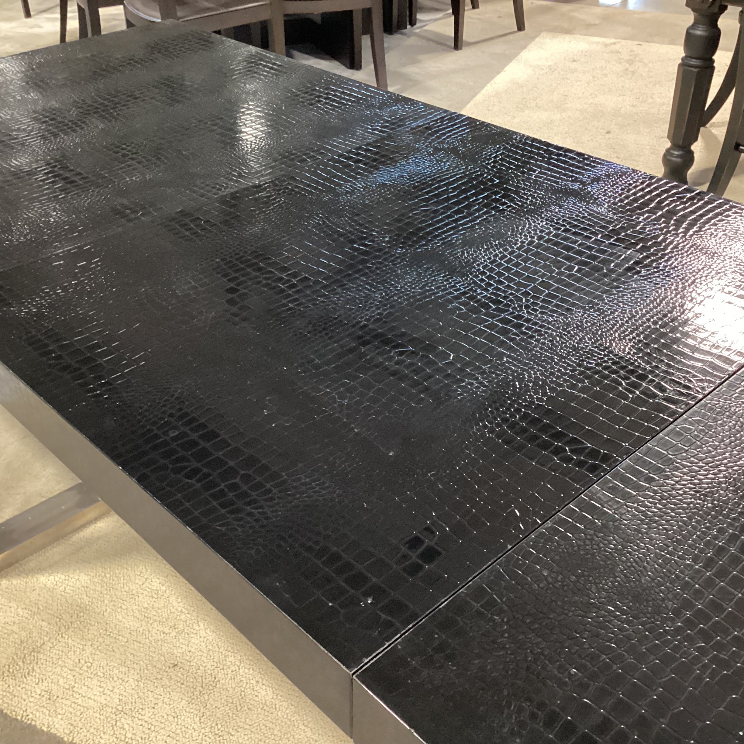 A & X Casa Luxury Collection Skyline Modern Black Krocodile Lacquer & Chrome 1 Leaf Dining Table 71" to 100.5"x 37"x 29"