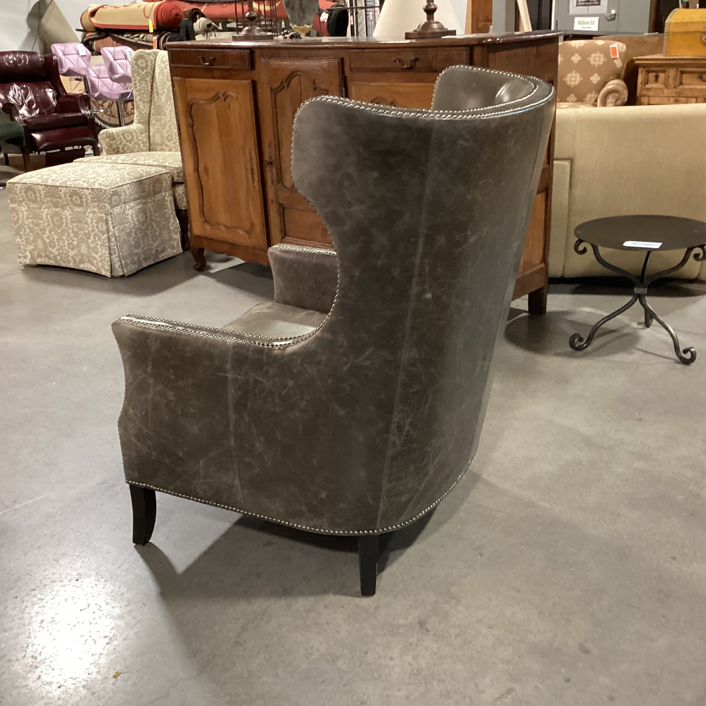 Bernhardt Interiors Olive Grey Distressed Leather Nailhead High Back Wing Chair 31"x 36"x 45"