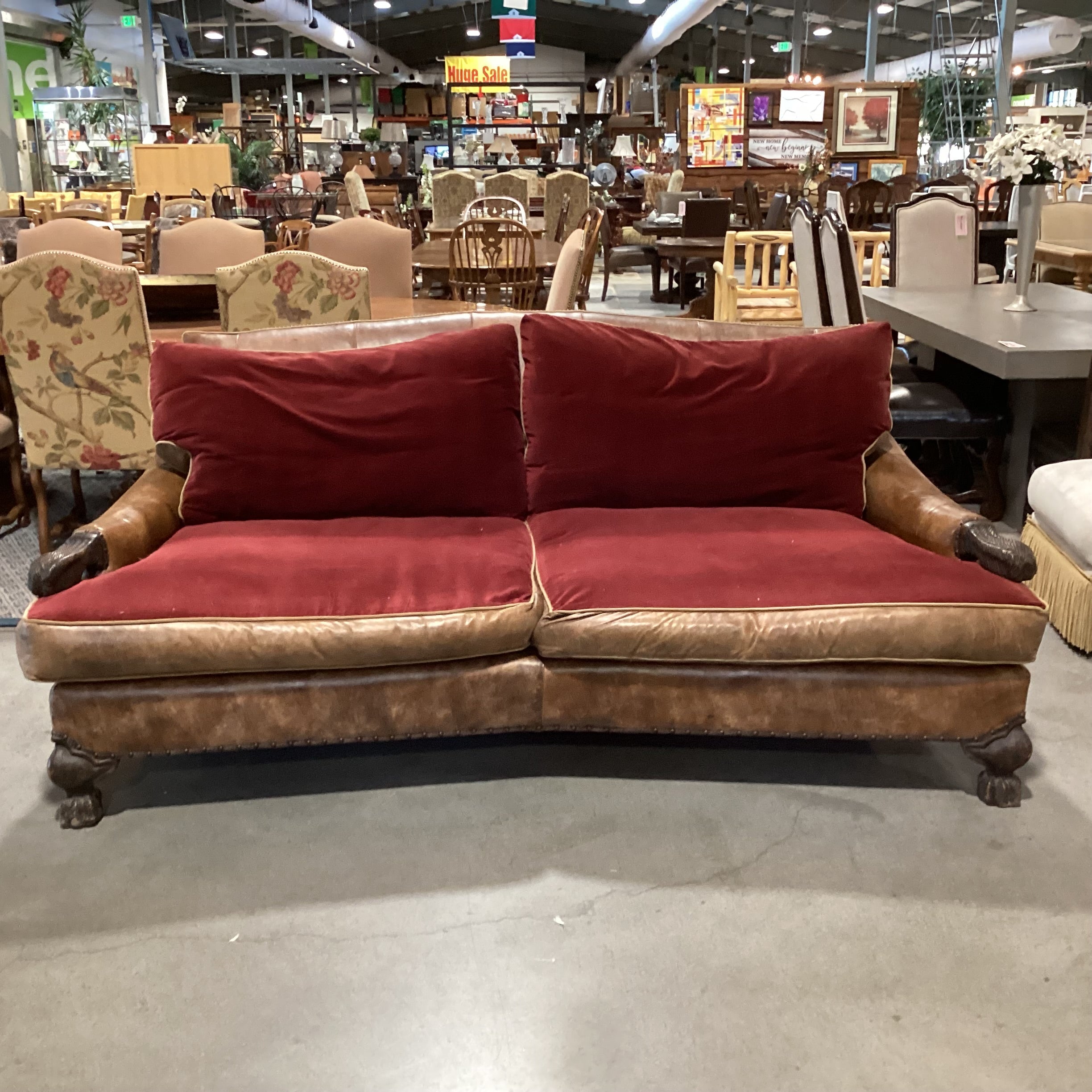 Carol Hicks Bolton & E J Victor Distressed Leather with Reversible Burgundy Velvet Cushions Ornate Carved Wood Down Mix Sofa 92"x 46"x 40"