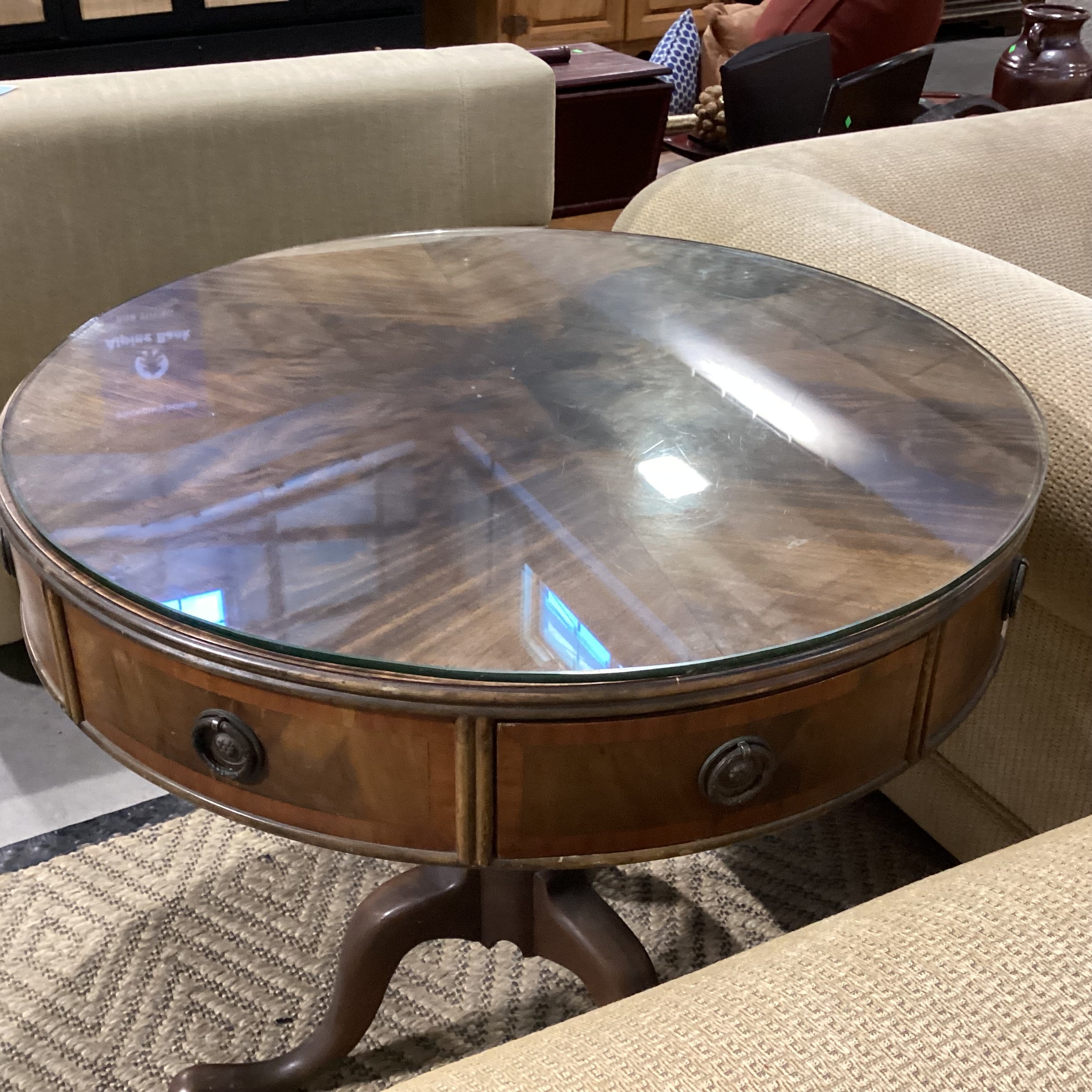 Antique Round Carved Wood &  Flamed Mahogany Veneer 4 Drawer Glass Top Accent Table 30" Diameter x 29.5"
