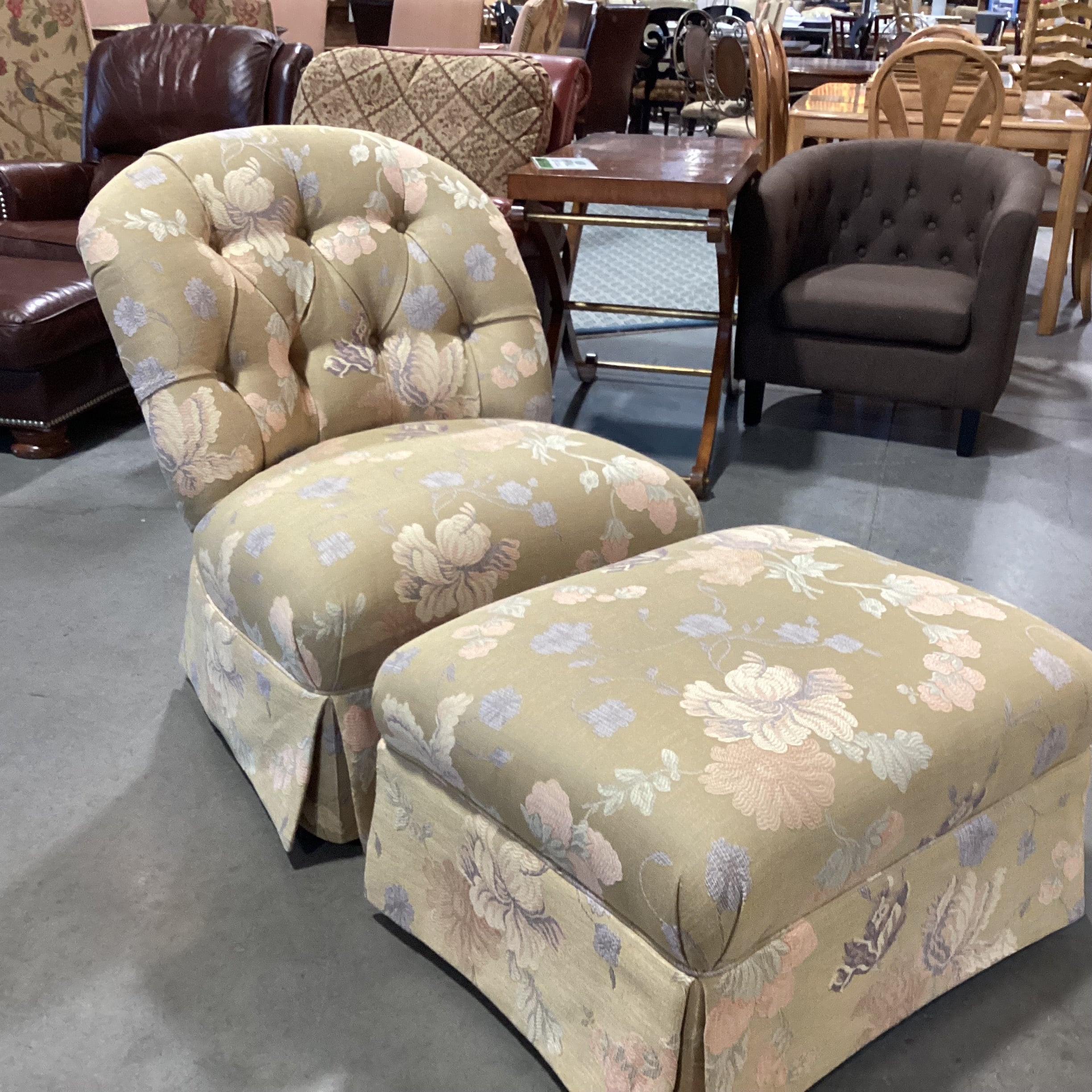 Custom Gold with Peach & Lavender Raised Stitch Floral Button Tufted with Ottoman Chair  31"x 34"x 35"
