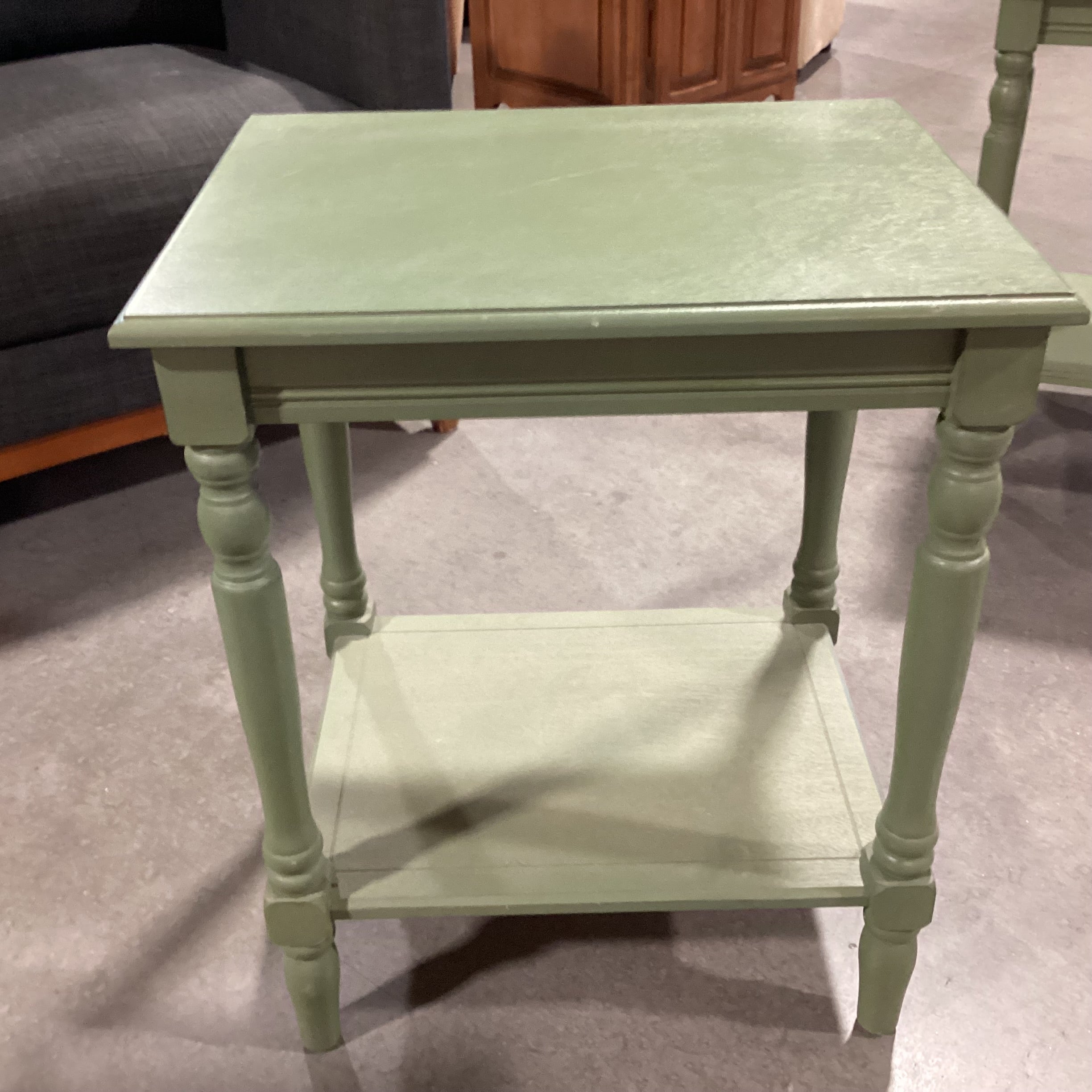 Green Painted Carved Wood 2 Tiered End Table  20"x 16"x 24.5"