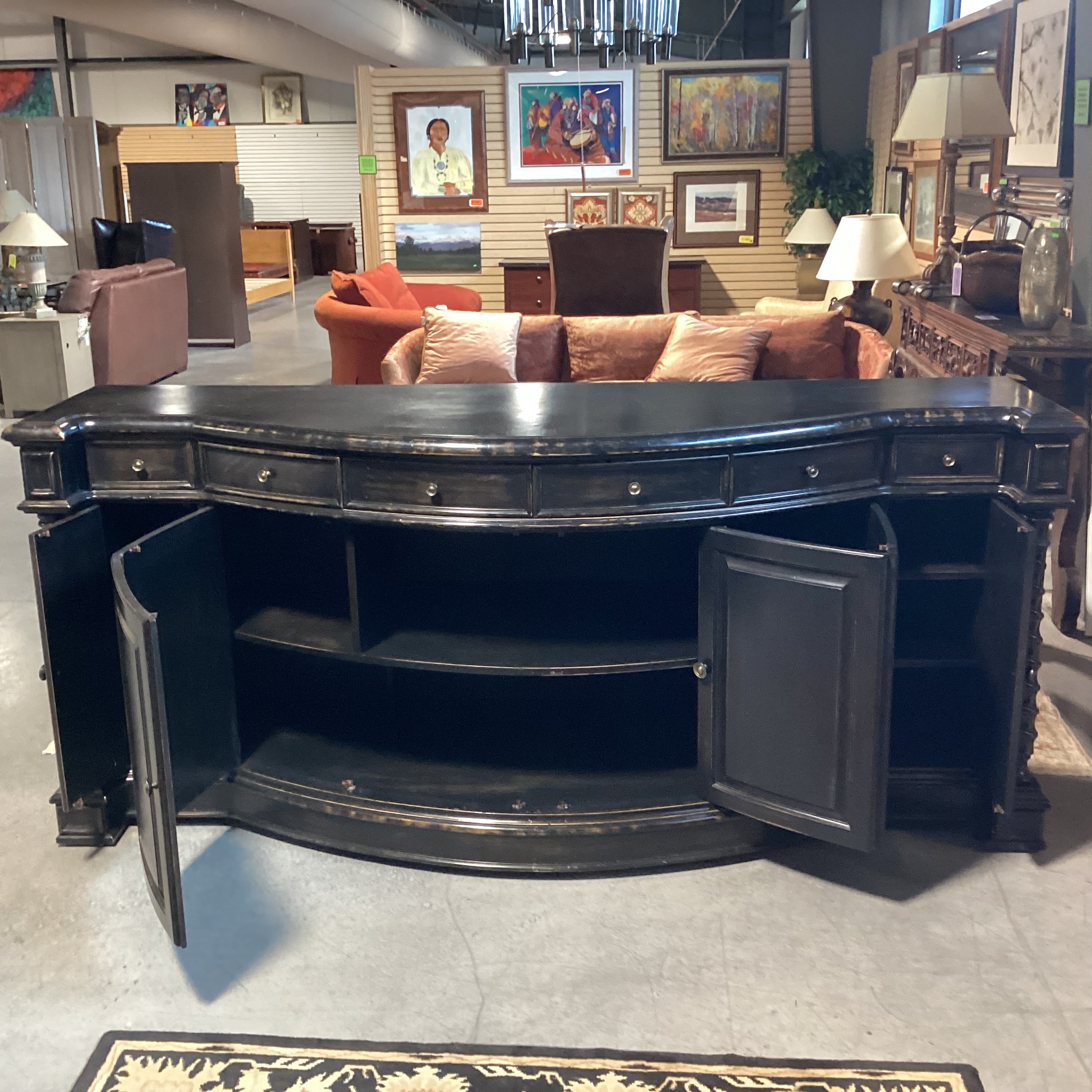 Antiqued Black Distressed Carved Wood 4 Door 6 Drawer Sideboard 96.5"x 27.5"x 42.5"