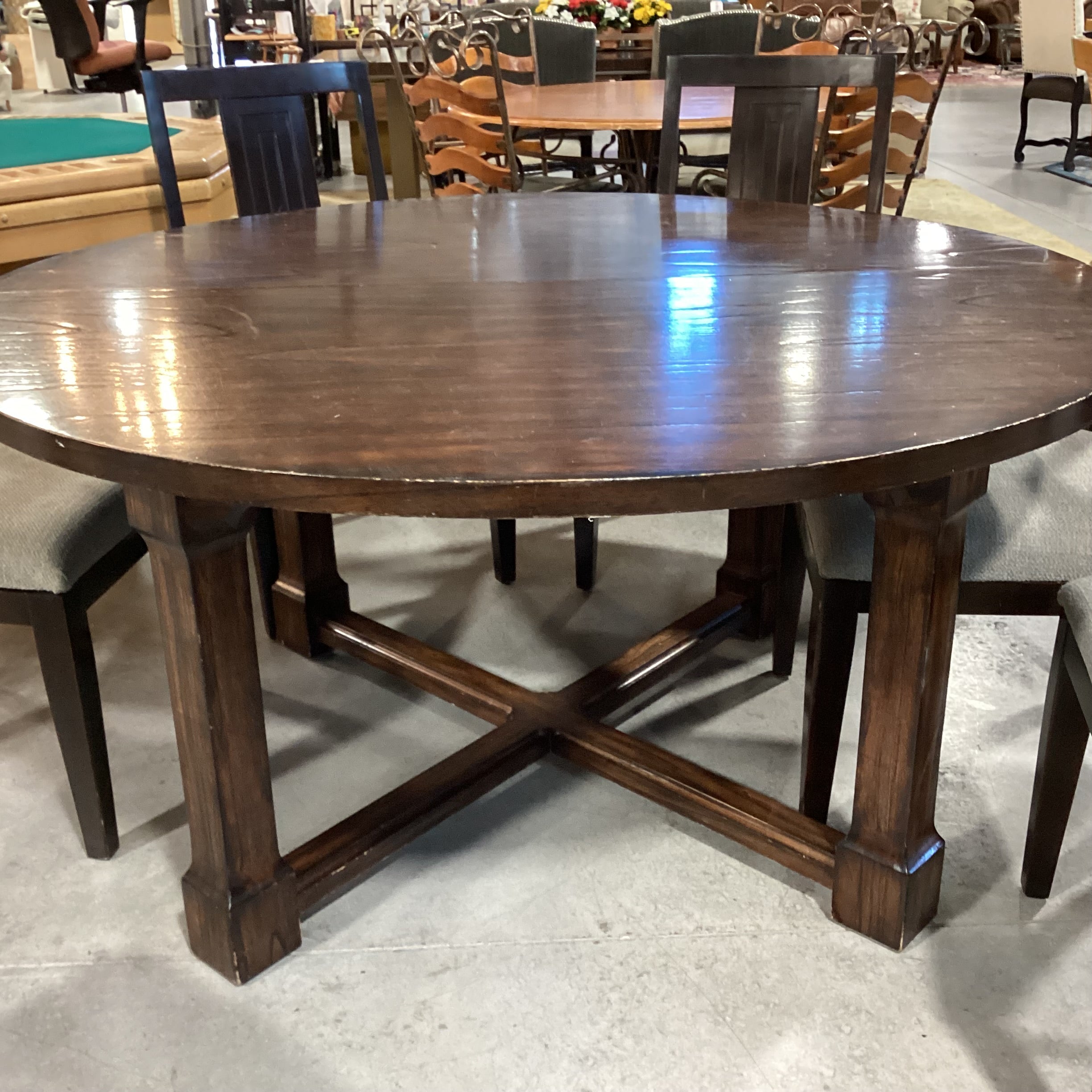 Round Dark Finish Wood Cross Trestle Base Table with 6 Asian Style Chairs Dining Set 60" Diameter x 30.5"