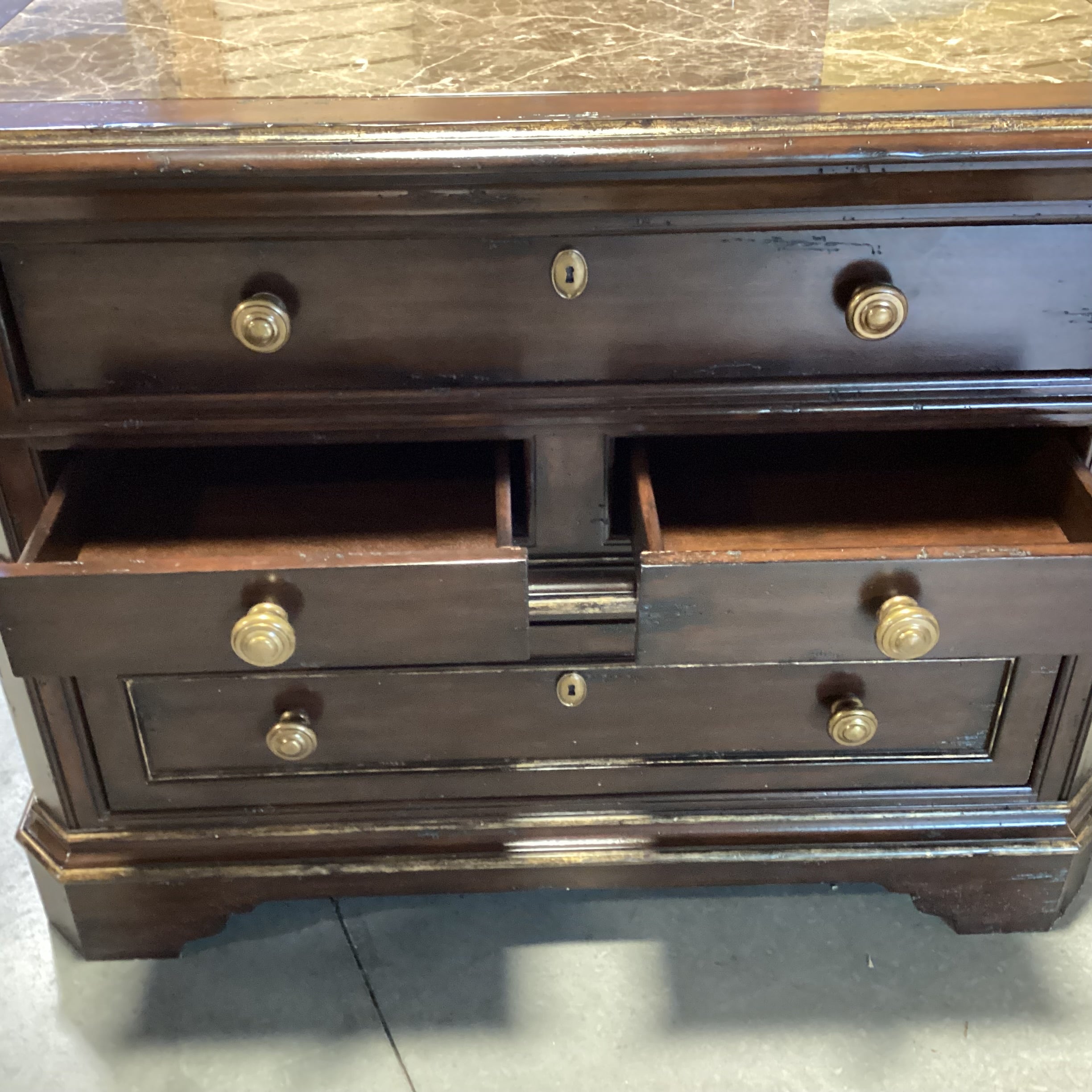 Marge Carson Antiqued Black with Gold Detail Solid Wood Marble Inset 4 Drawer with Brass Chest 46"x 24"x 35.5"