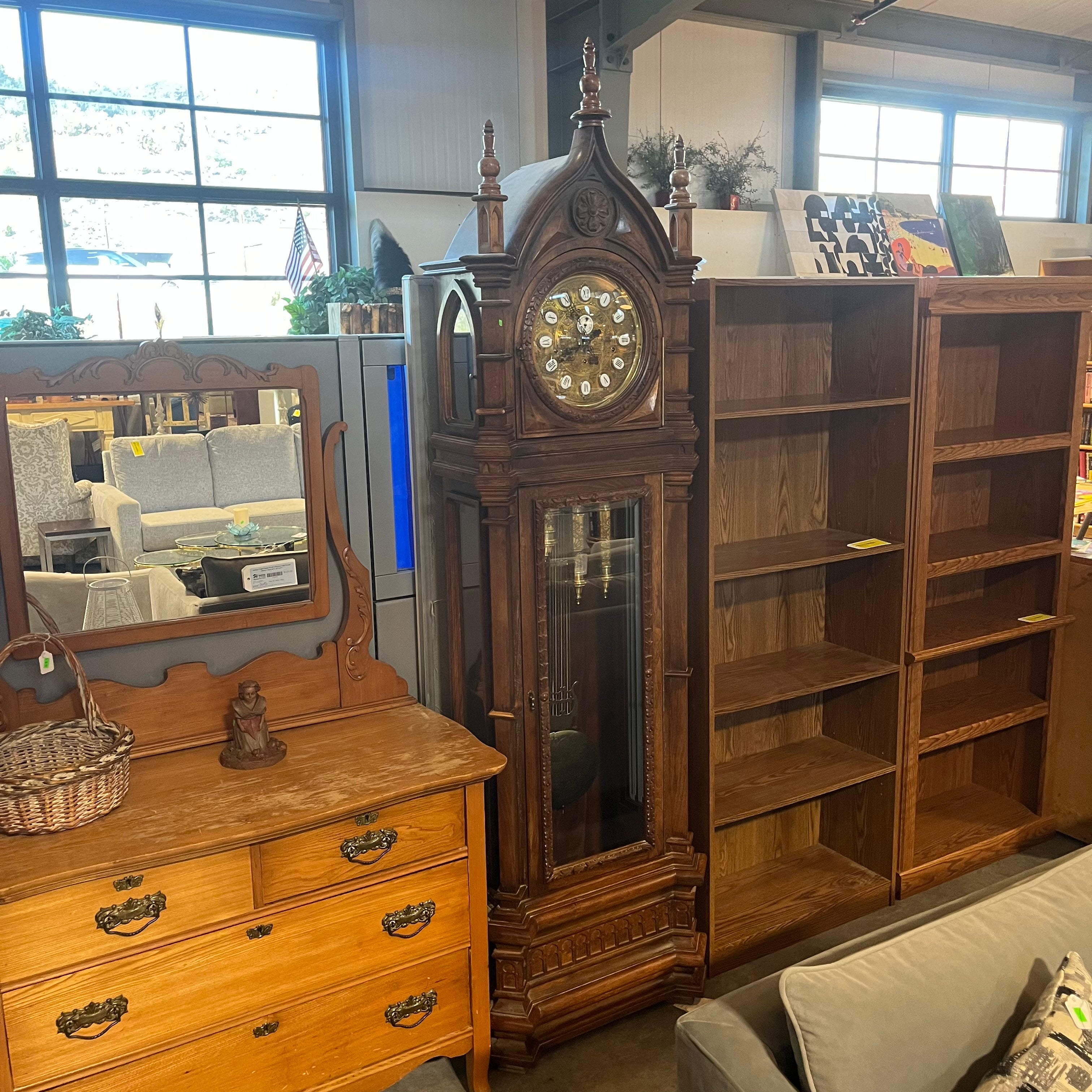 The Gazo Family Clock Factory Vintage Carved Dark Finish Oak Grand Father Clock