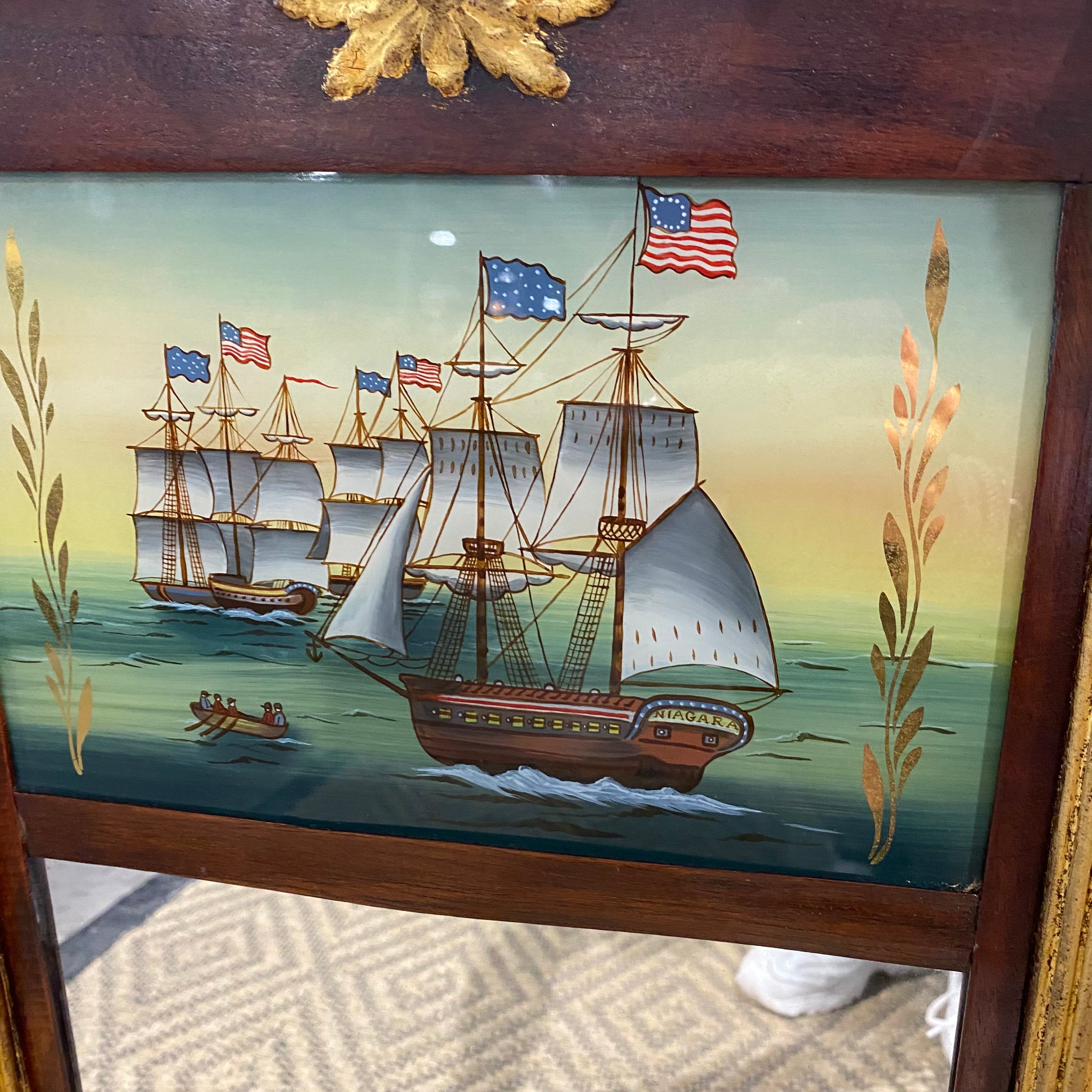 Vintage Federal Style Giltwood with Reverse Glass Painting of Ships Pier Mirror 17"x 28"x 3"