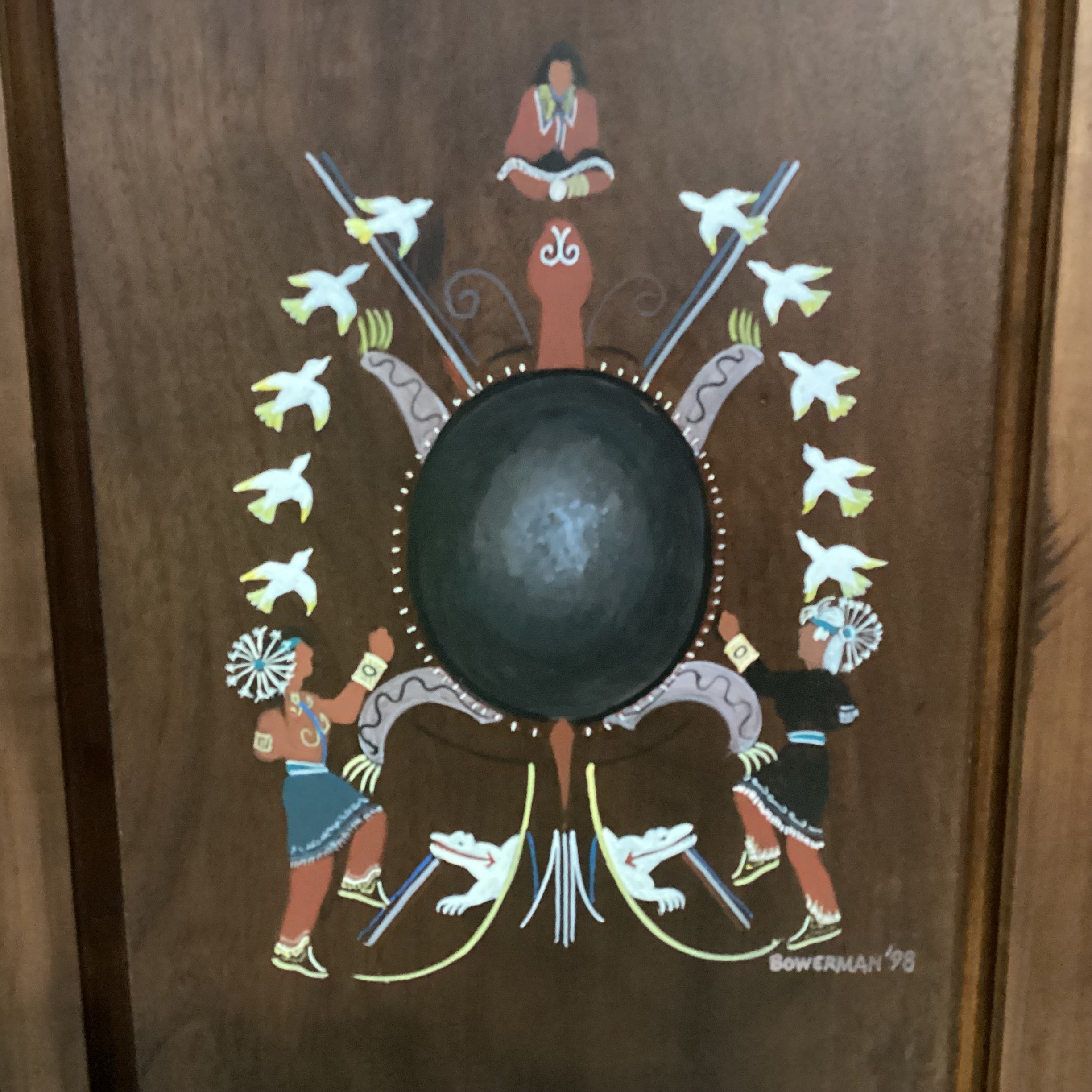 Custom Hand Painted Cheyenne Crow & Sioux Medicine Wheel Dark Finish Carved Wood Wardrobe Armoire 52.5"x 30.5"x 81"