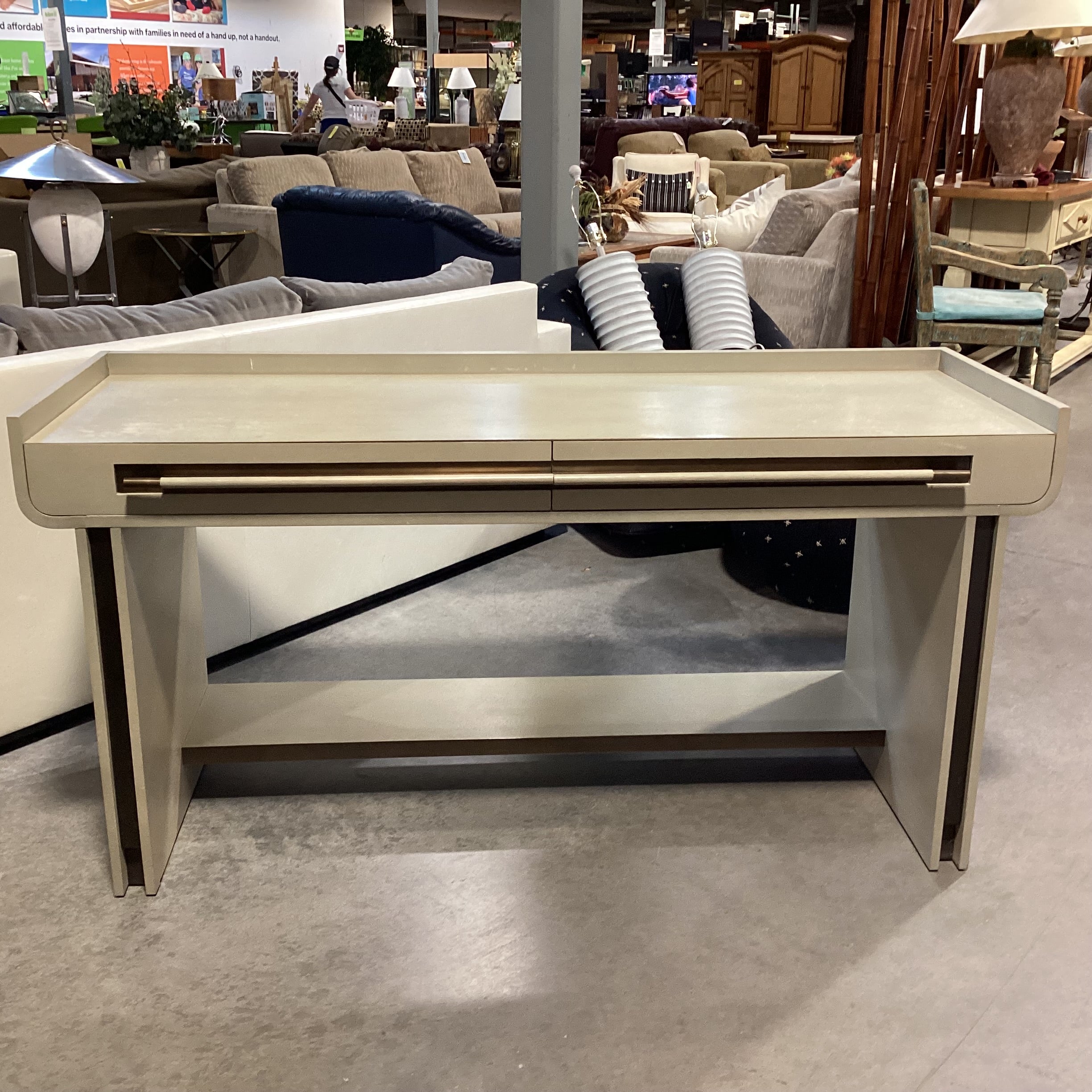 Barbara Barry for Baker Furniture Sage Grey Washed Wood & Veneer with Leather Lined Softclose Drawers Desk 62"x 22"x 32"