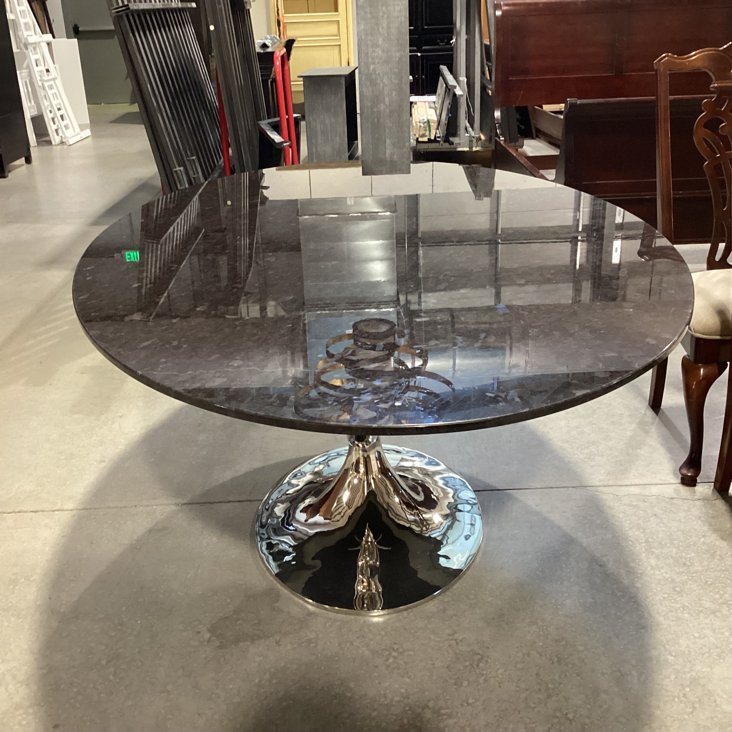 Blackman Cruz Oval Black Granite & Nickel Plate Pedestal Dining Table 78"x 48"x 30"