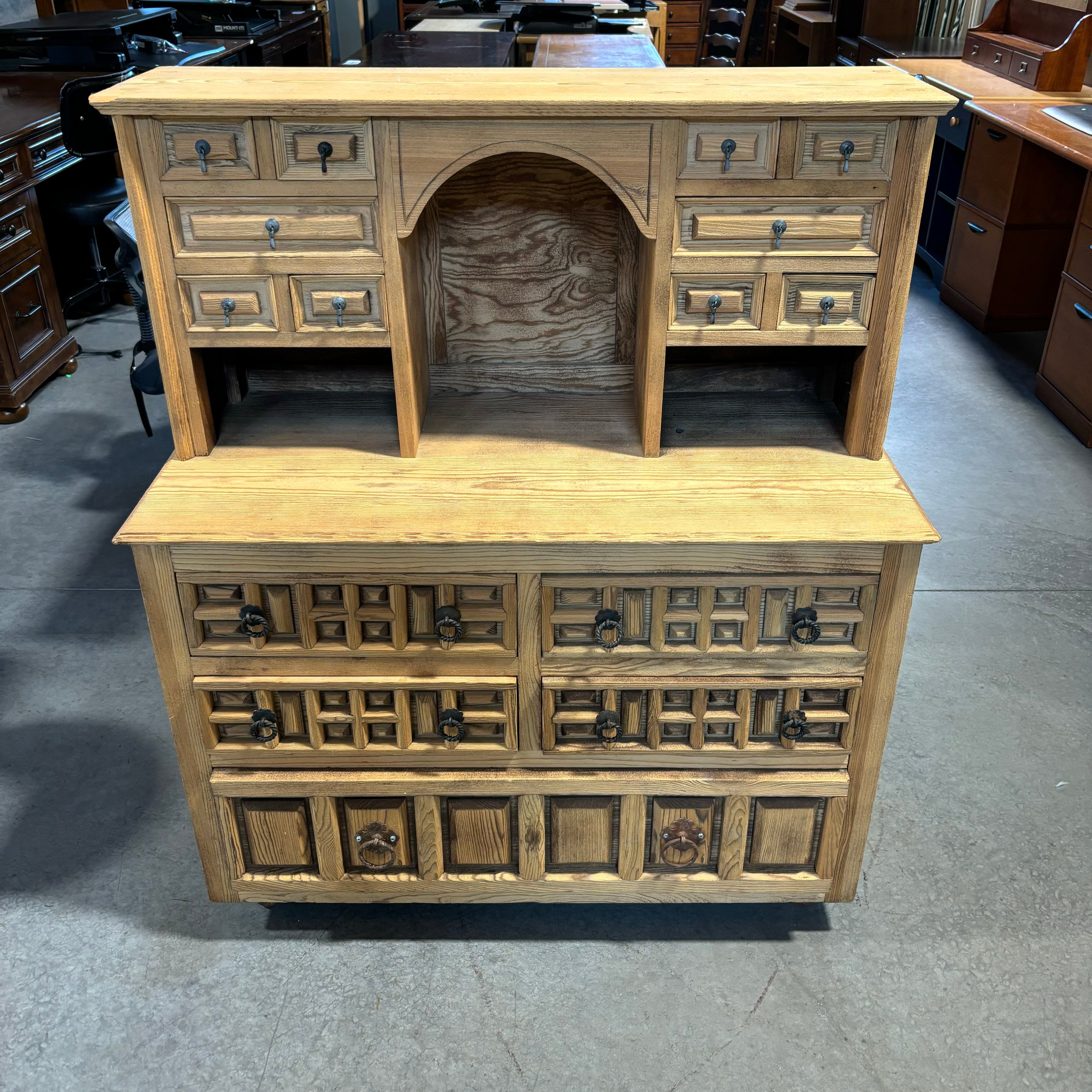 Natural Light Wood with Carved Detail & Iron Pulls 15 Drawer Hutch 40"x 20"x 27"