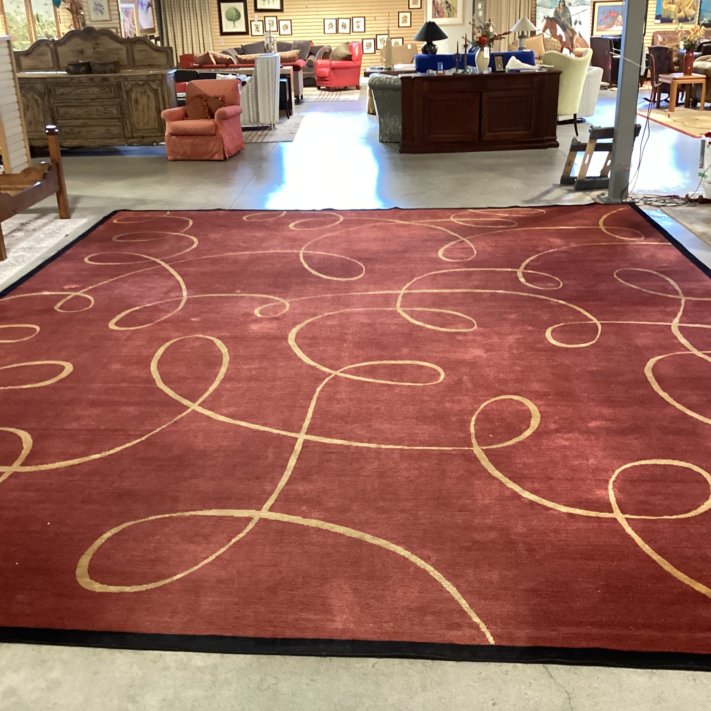 Rust Red & Gold Ribbon Hand Knotted Hand Spun Wool Custom Made in Nepal Rug 16'x 19'5"