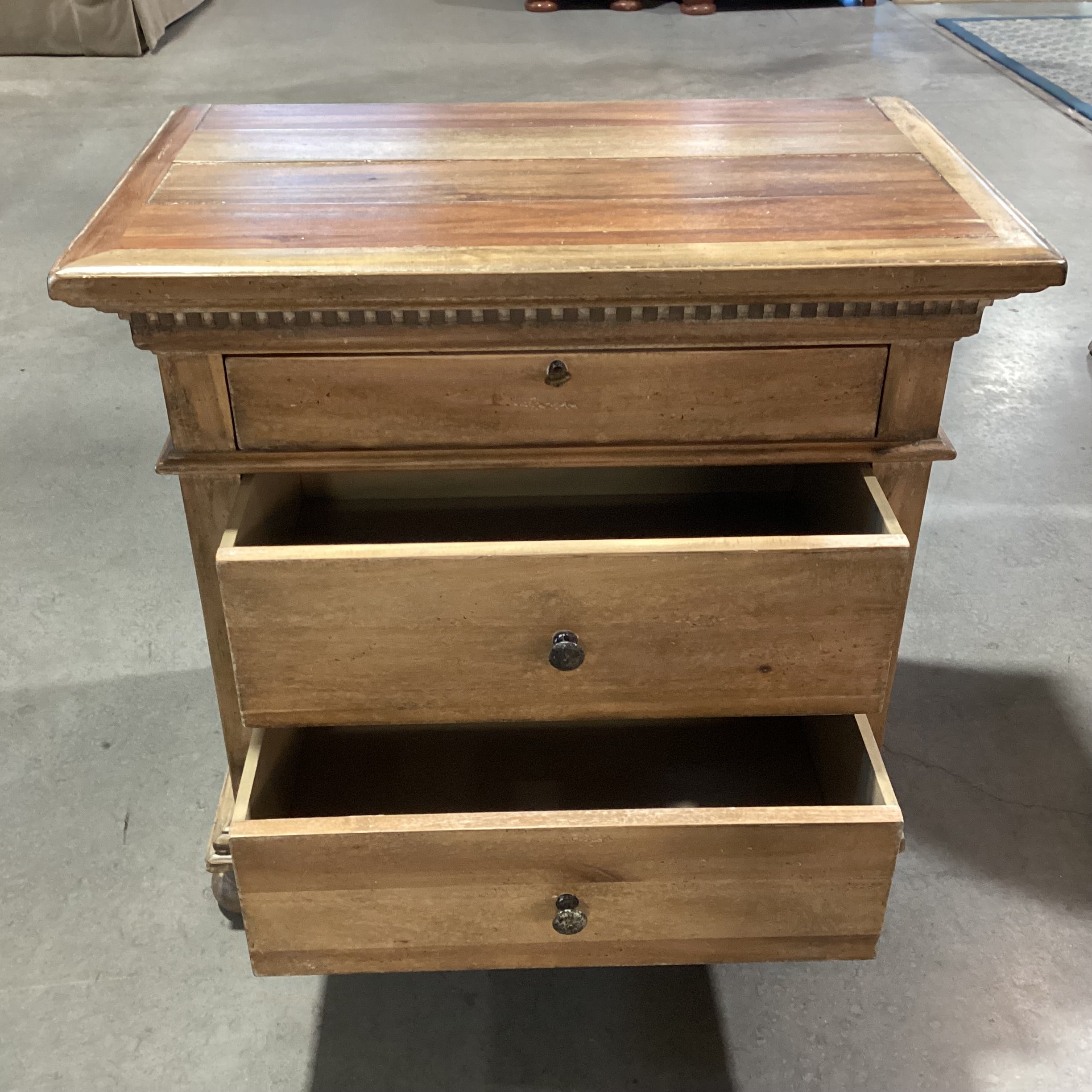 Restoration Hardware St James Natural Distressed Carved Wood 3 Drawer Night Stand 32"x 19.5"x 30"