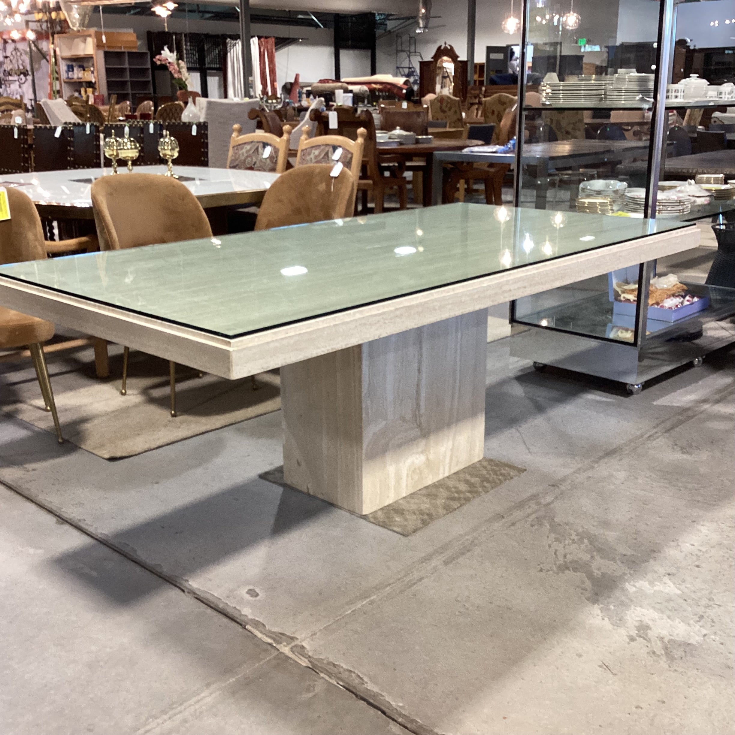 Italian Travertine with Glass Top Dining Table 79"x 39.5"x 30"