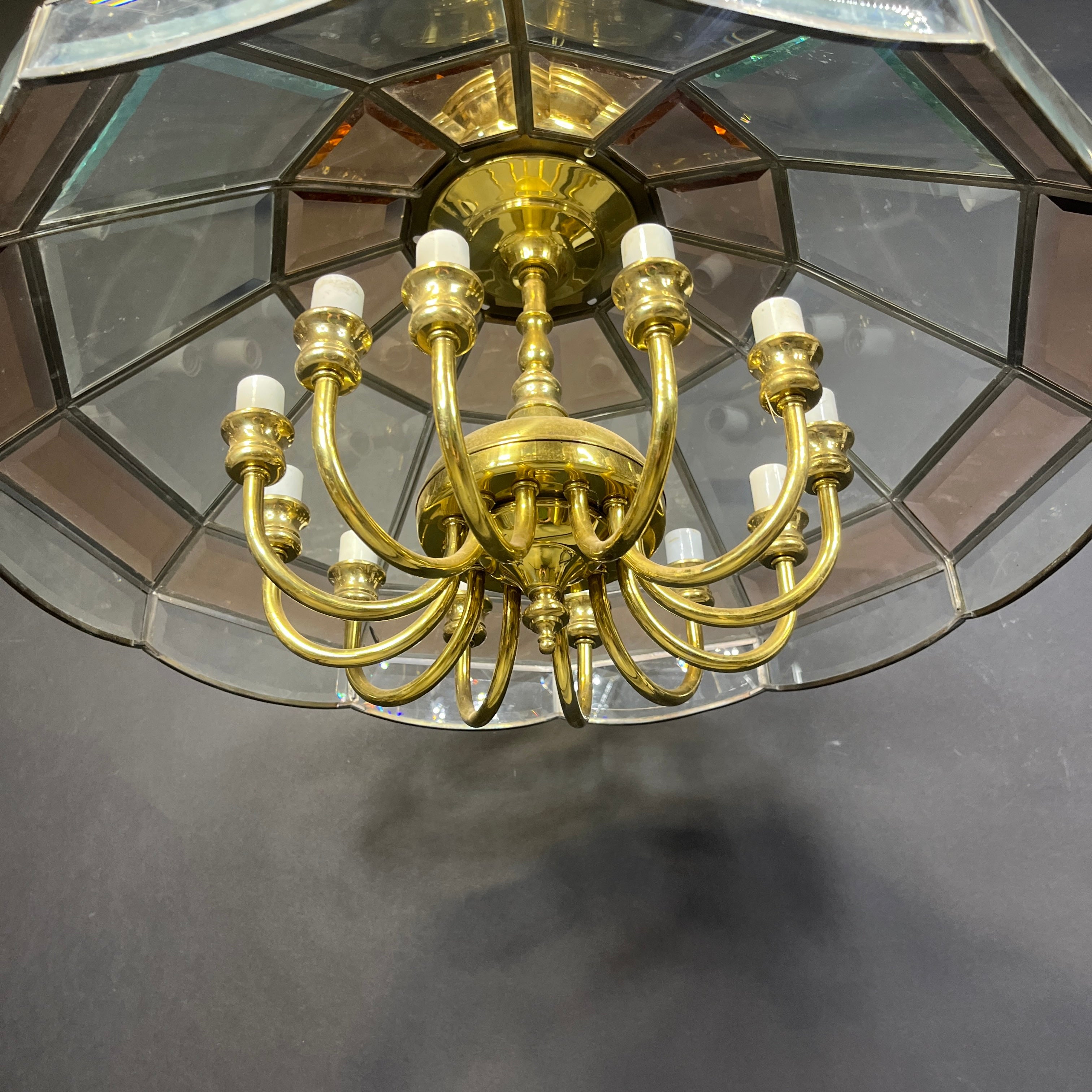 Vintage 12-Light 2-Tone Beveled Glass and Brass Ceiling Pendant 23.5” Diameter x 54”