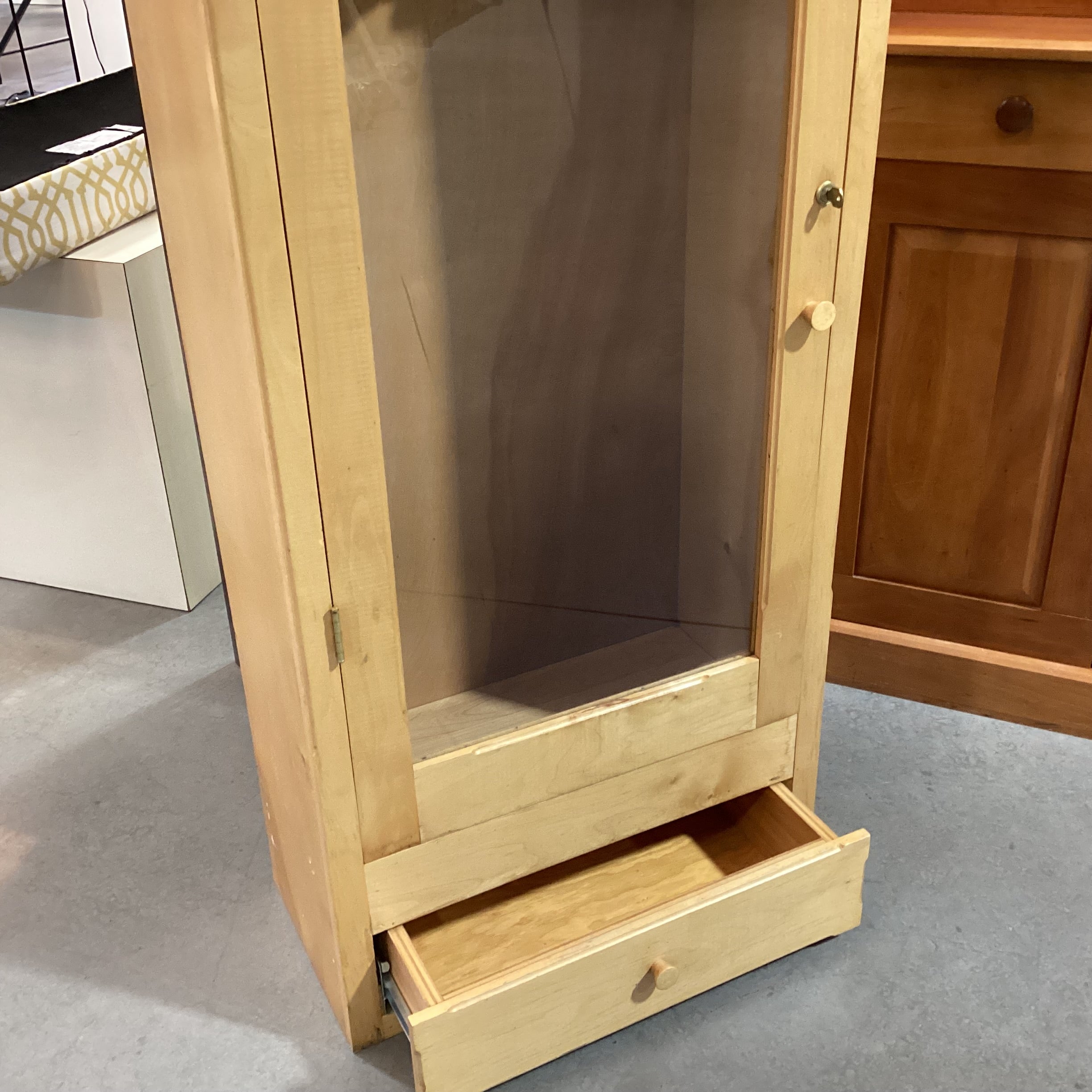 Natural Wood & Glass Door with Key Bottom Drawer Gun Cabinet Armoire 24"x 13"x 60"