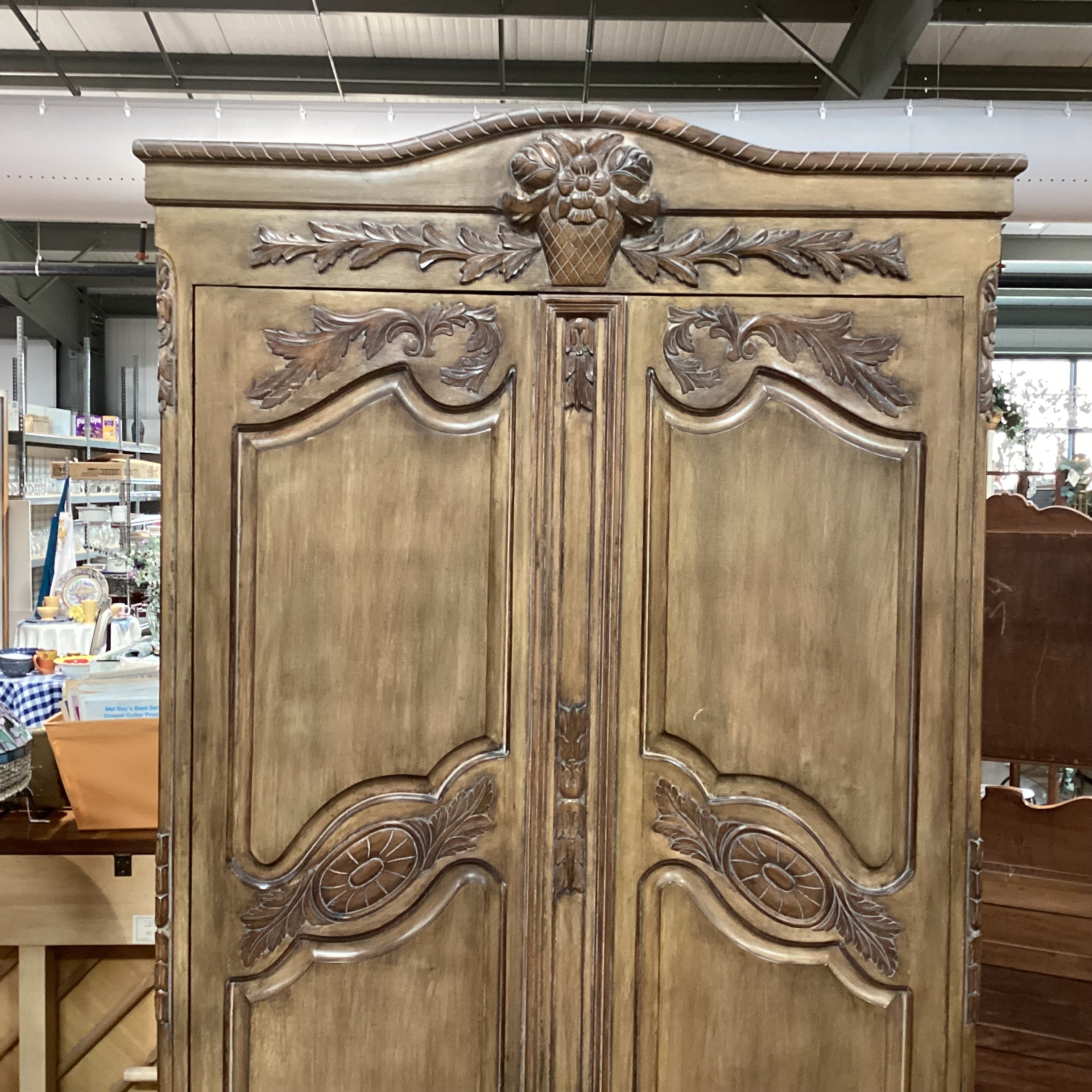 French Provincial Carved Wood with Light Washed Finish 2 Door 3 Drawer Armoire 60"x 26"x 93"