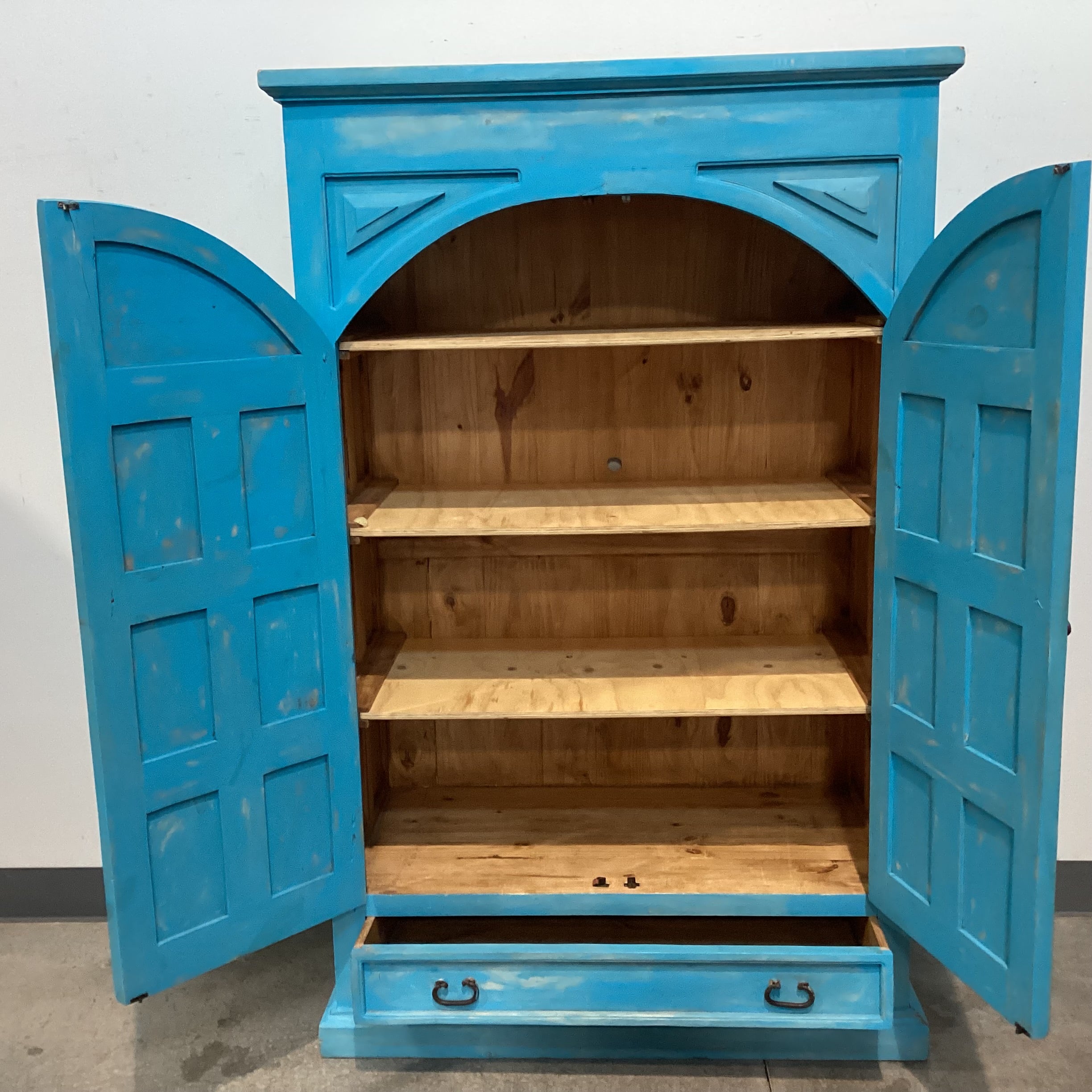 Rustic Carved Pine Distressed Blue 2 Door with Shelves 1 Drawer Armoire 51"x 25"x 80"