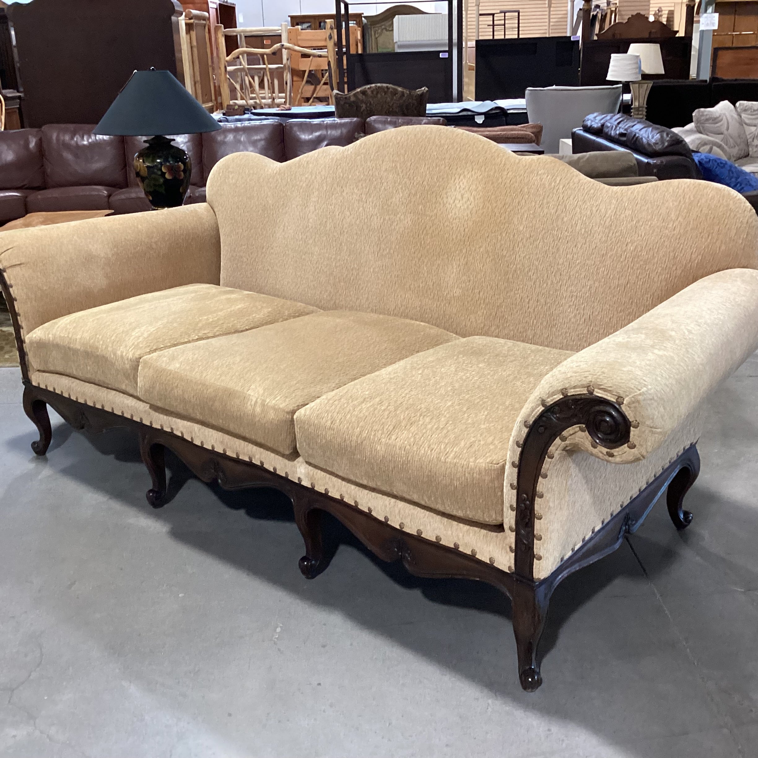 Ralph Lauren St Germain Venetian Gold Chenille Woven Nailhead & Ornate Carved Wood Sofa 103"x 41"x 45"