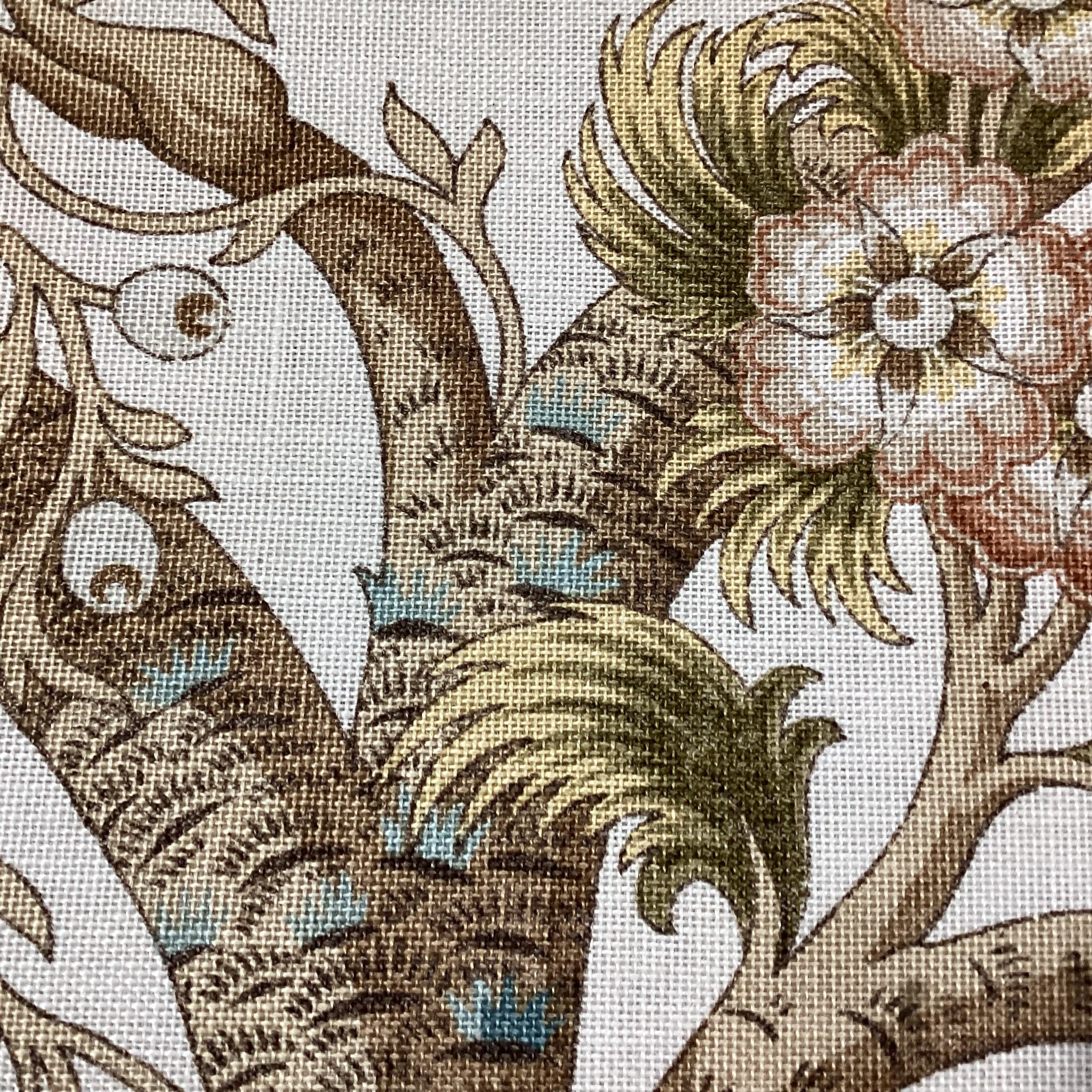 Carved Wood Rush Seat & Floral Belgian Linen Nailhead Chair 32"x 32"x 40"