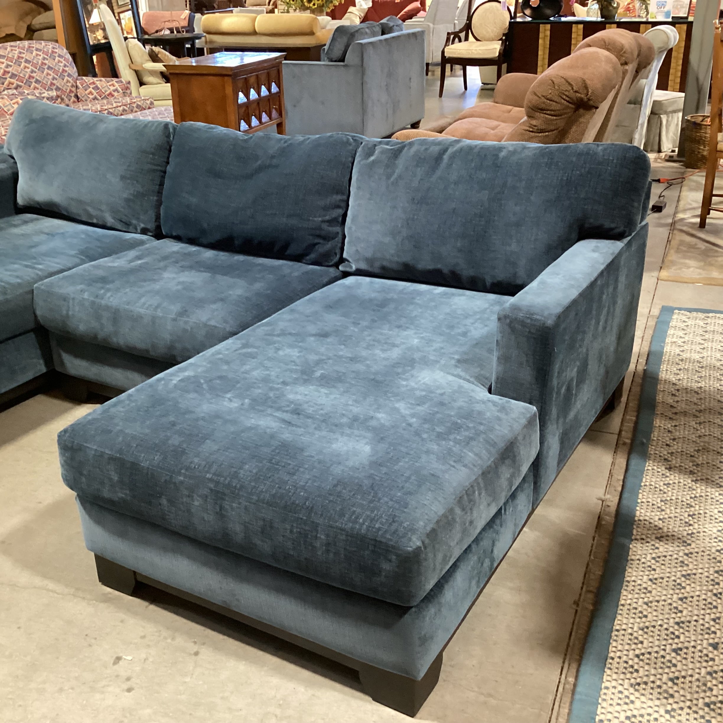 Jonathan Louis Blue Teal Chenille Velvet Woven 2 End Chaise with Storage Ottoman 4 Piece Sectional 103"x 64"x 64"x 30"