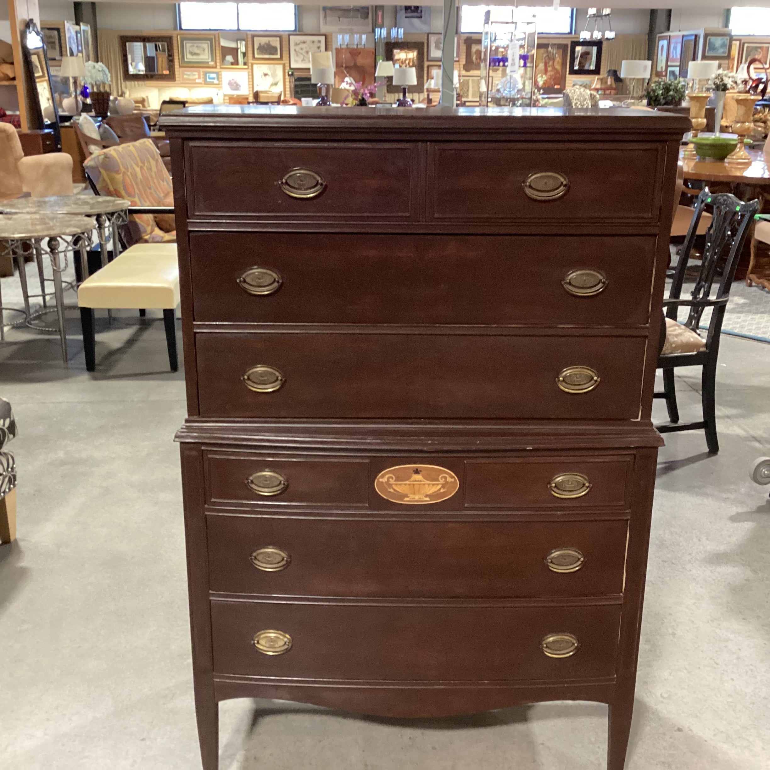 Antique Finished Wood with Inlay Detail 6 Drawer Chest 36"x 20"x 54.5"