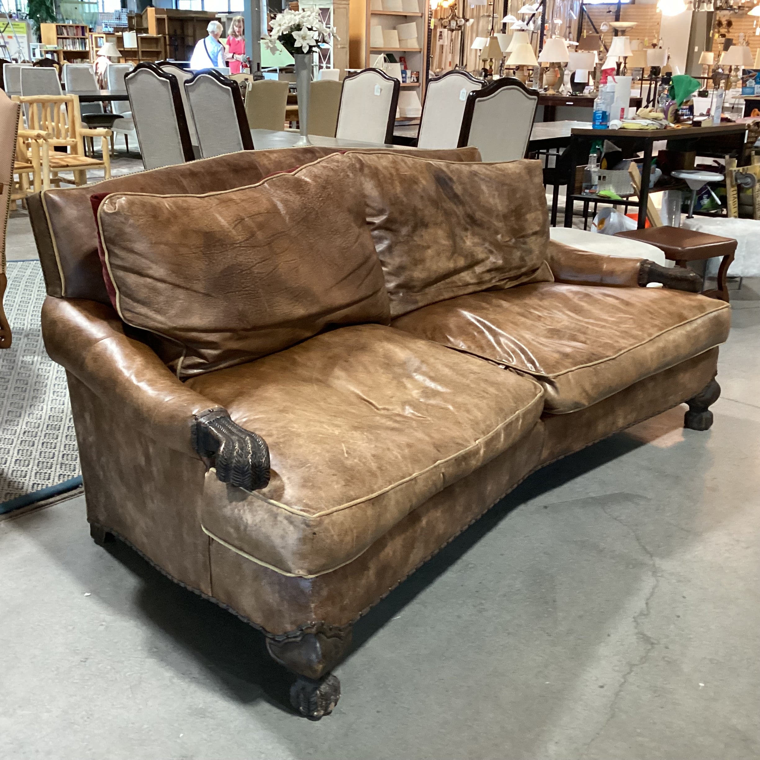 Carol Hicks Bolton & E J Victor Distressed Leather with Reversible Burgundy Velvet Cushions Ornate Carved Wood Down Mix Sofa 92"x 46"x 40"