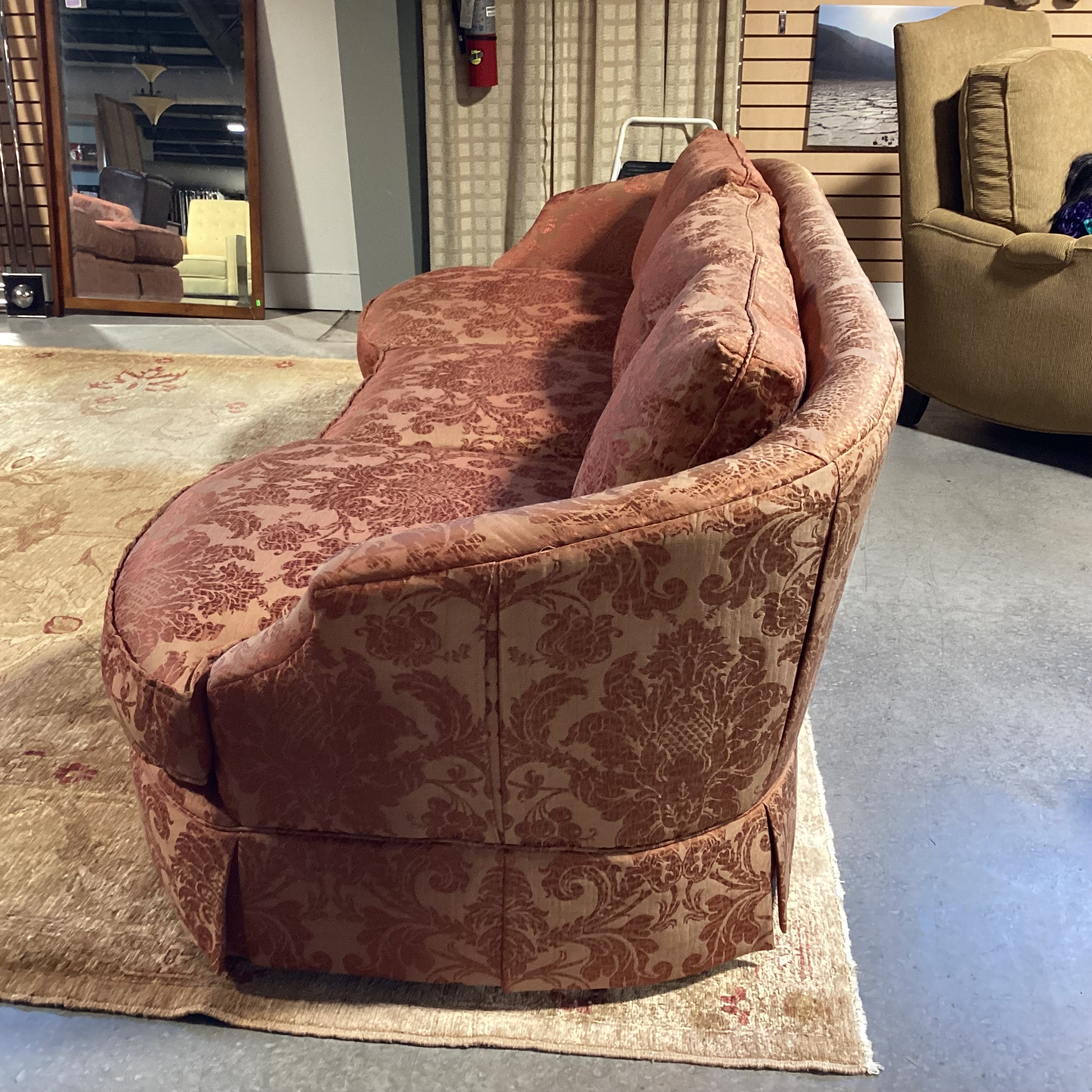 Custom Golden Burnt Orange Ornate Silky Metallic Floral Down Mix Curved Sofa 101"x 44"x 32"