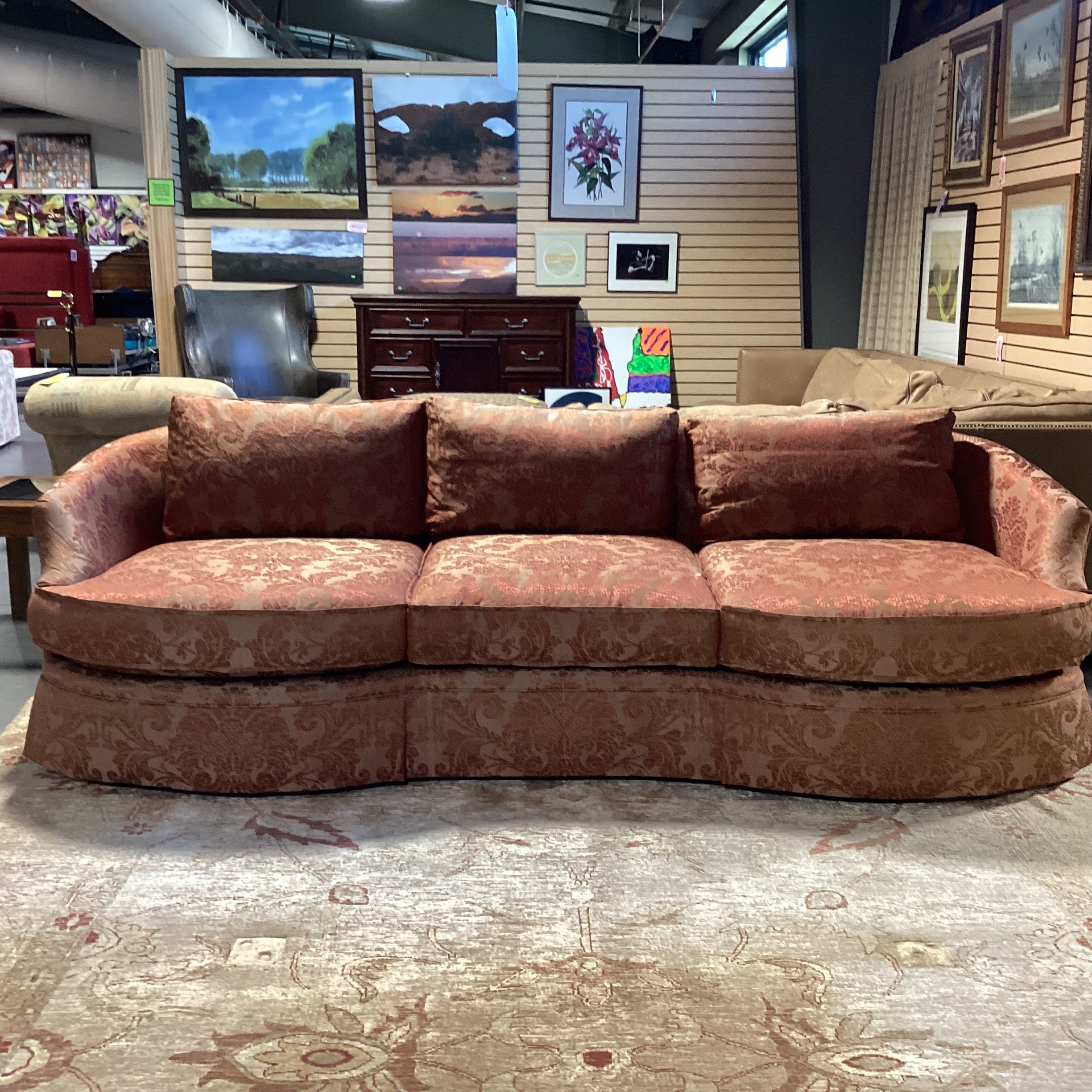 Custom Golden Burnt Orange Ornate Silky Metallic Floral Down Mix Curved Sofa 107"x 44"x 32"