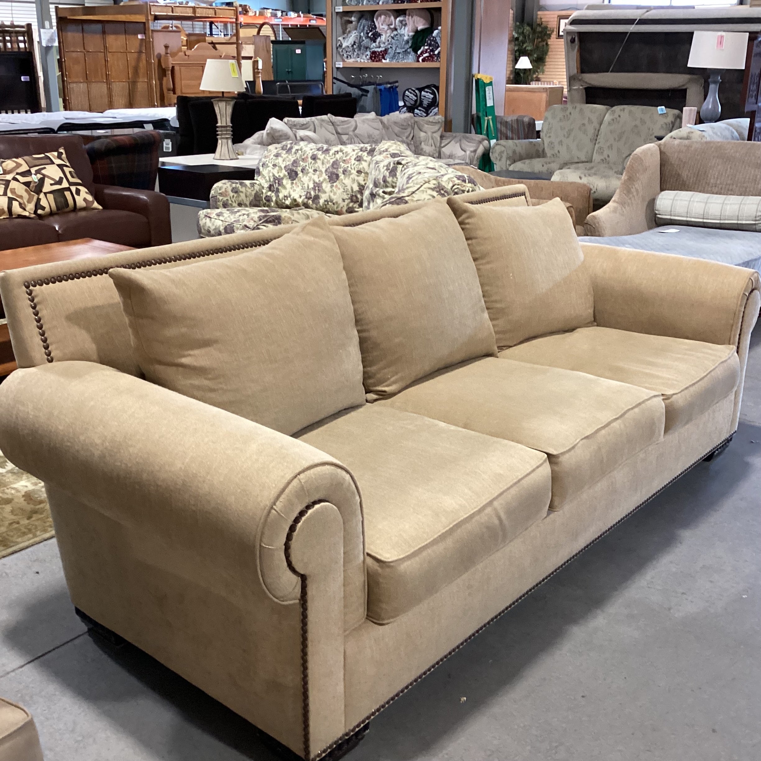 Rene Cazares Golden Tan Nailhead Down Mix Sofa 96"x 31"x 45"