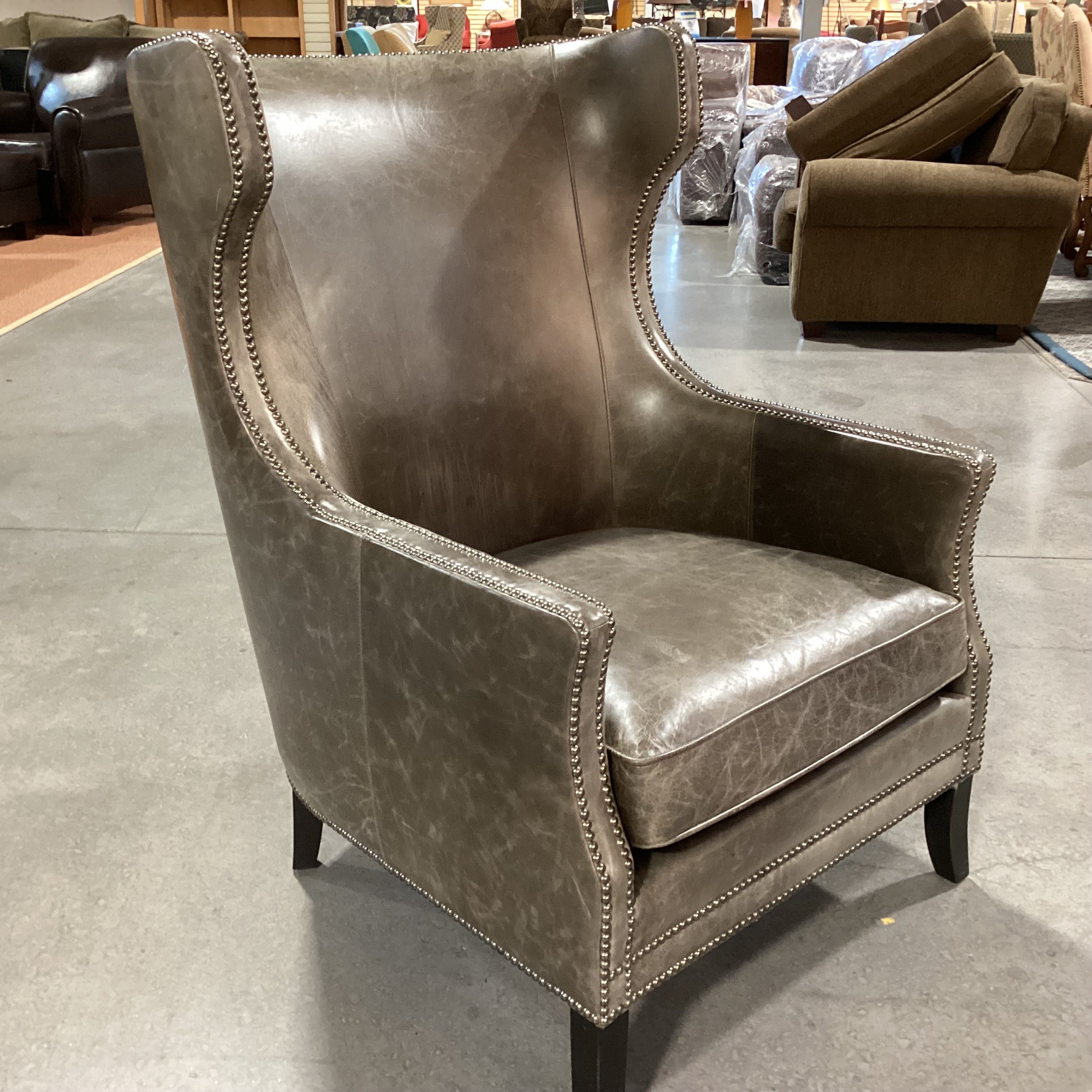 Bernhardt Interiors Olive Grey Distressed Leather Nailhead High Back Wing Chair 31"x 36"x 45"