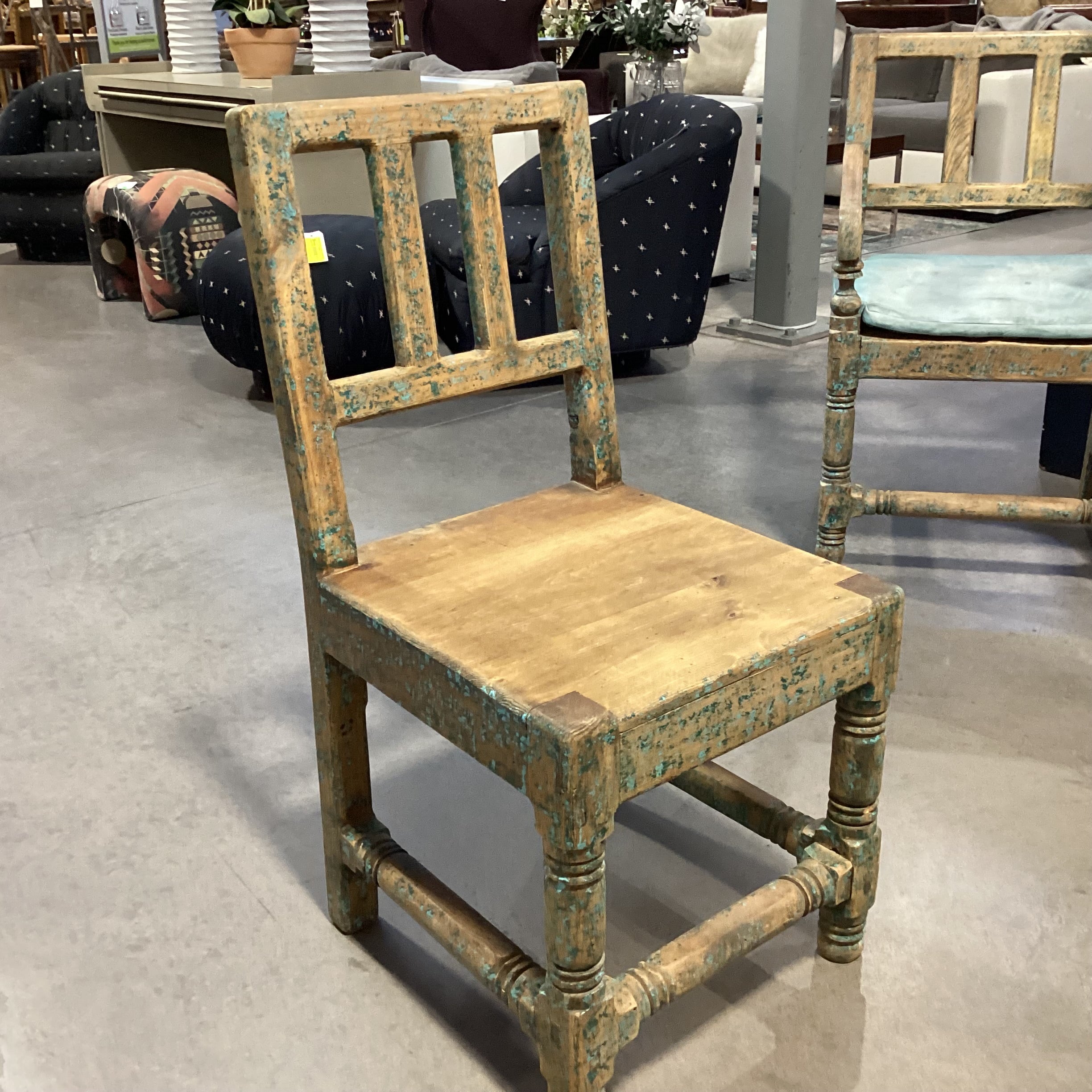 Santa Fe Style Carved Wood with Teal Distressing Chair 18"x 21"x 37"