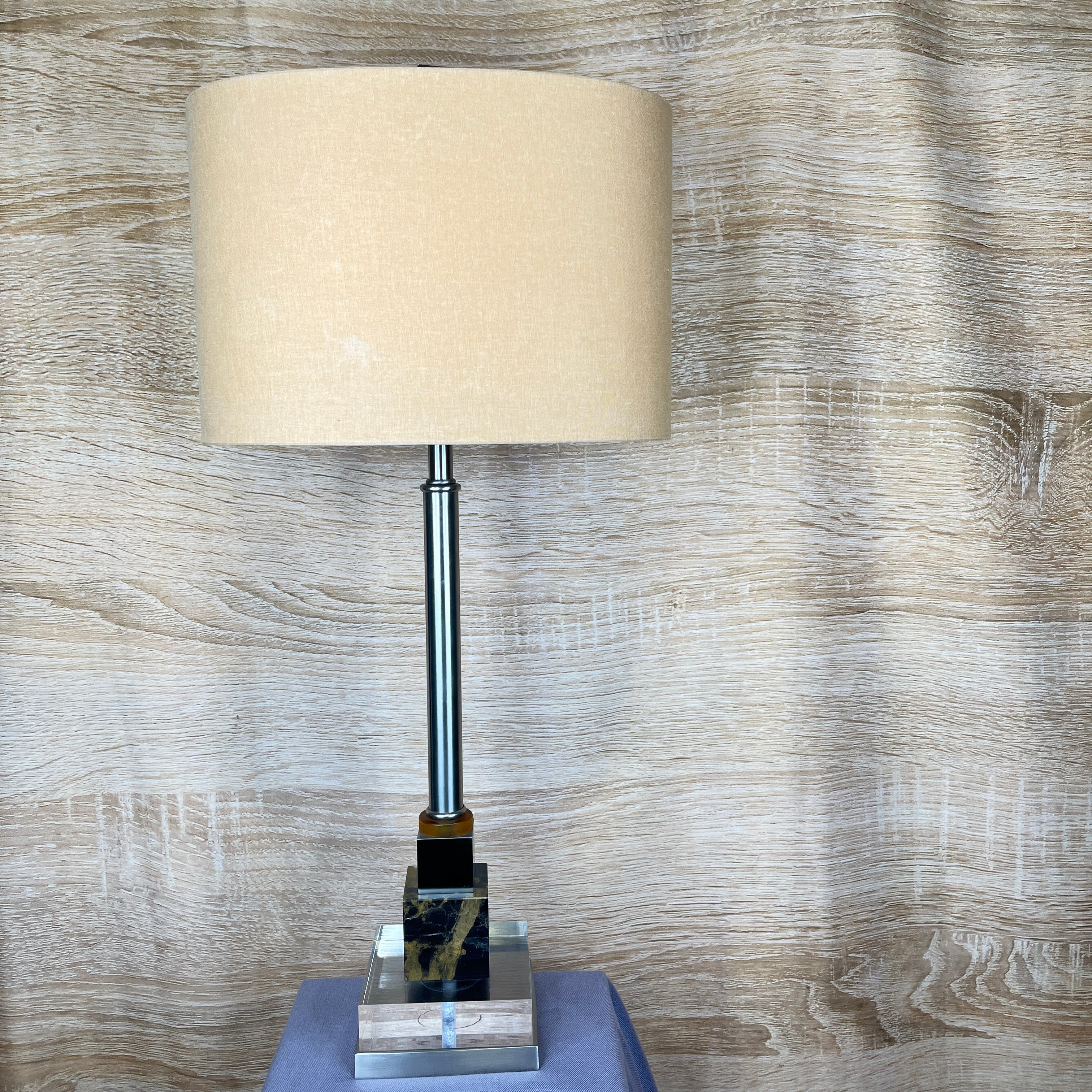 John Richards Chrome, Glass, and Granite Base with Linen Shade Table Lamp 16"x 10"x 34"